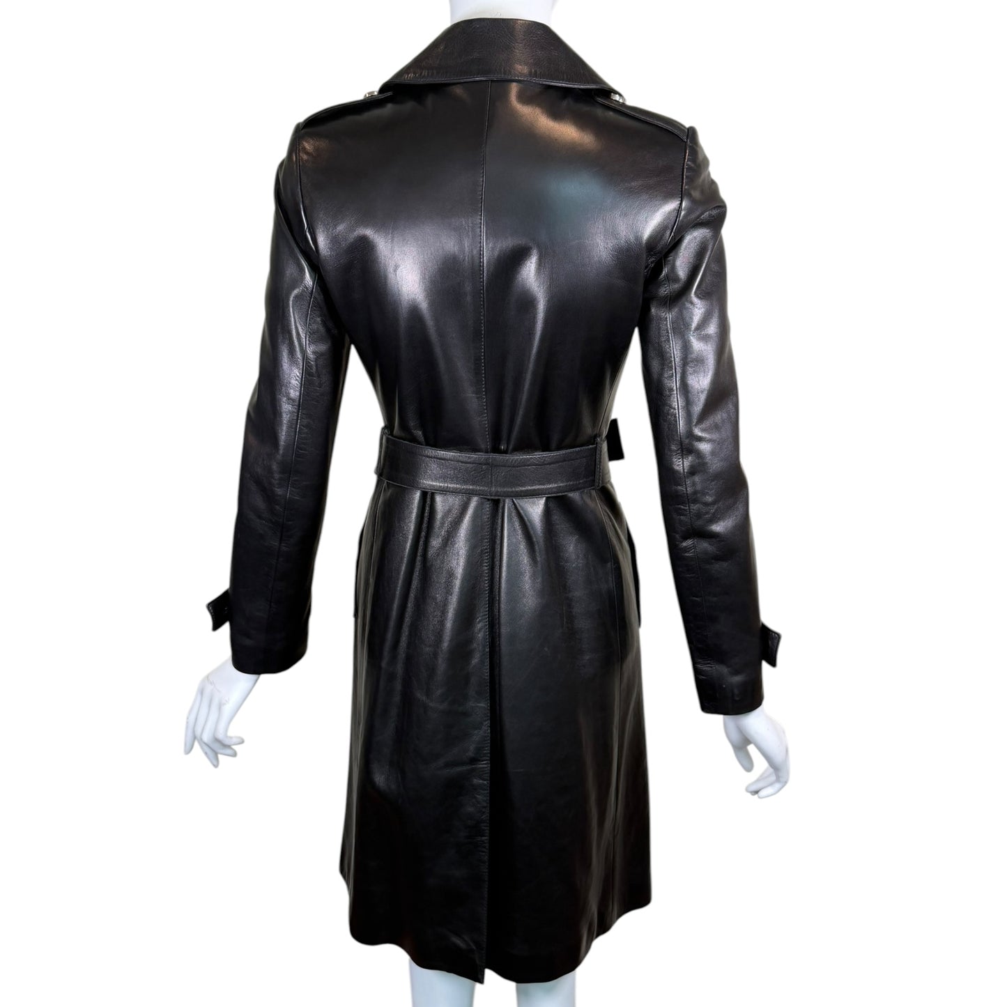 Gucci by Tom Ford Fall 1995 Runway Black Leather Belted Double-Breasted Trench Coat Size 38