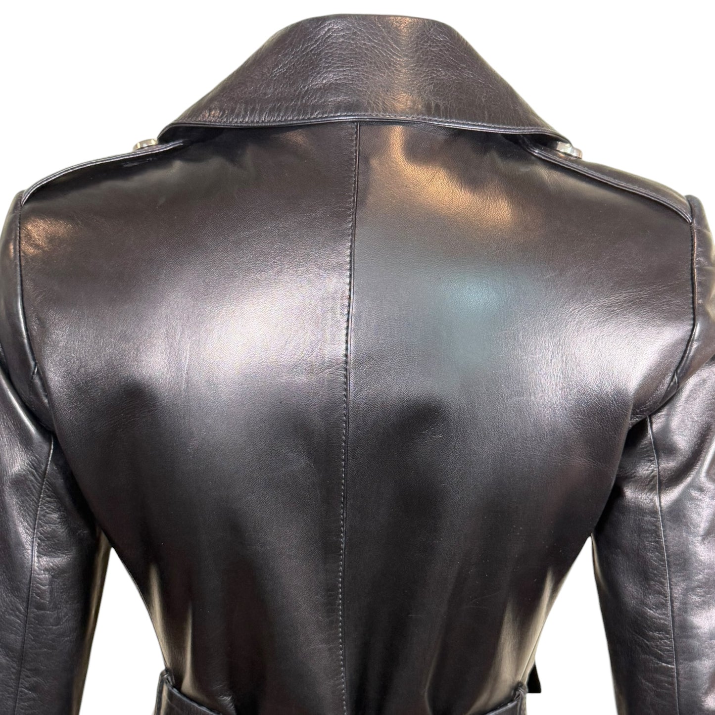 Gucci by Tom Ford Fall 1995 Runway Black Leather Belted Double-Breasted Trench Coat Size 38