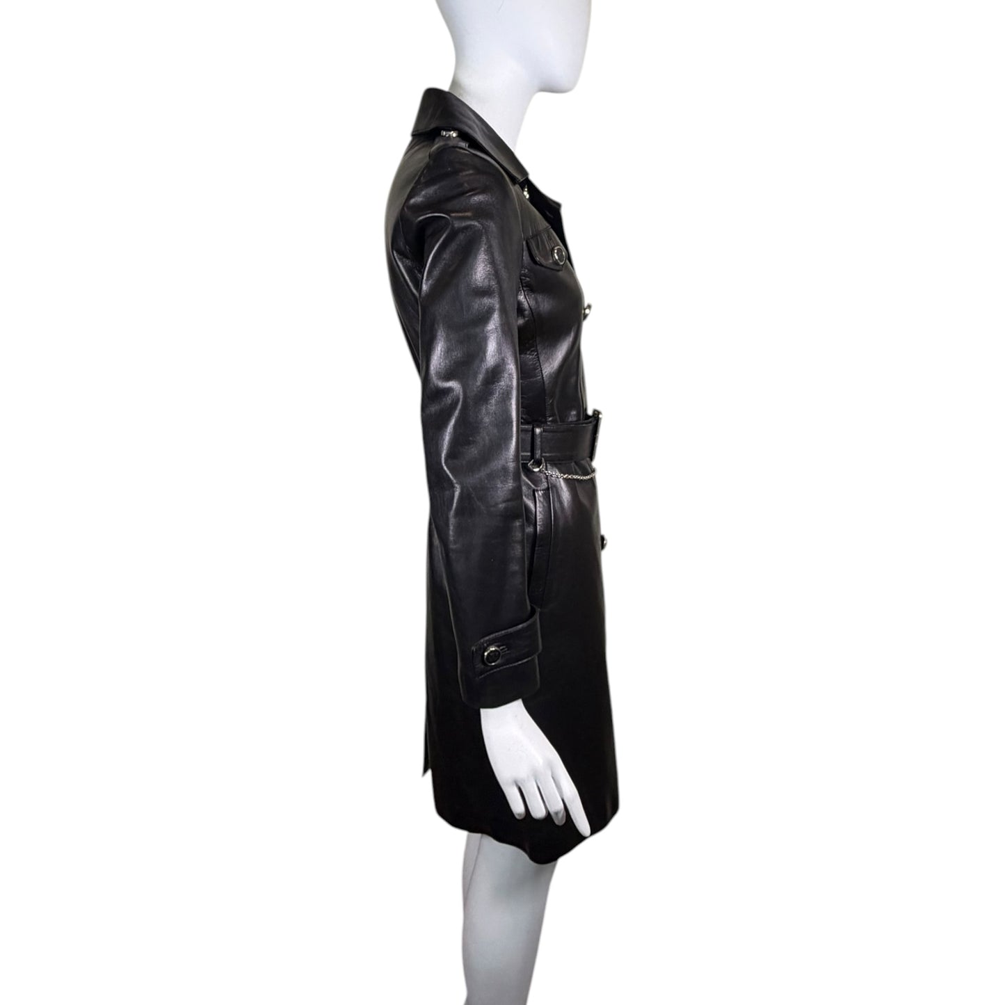 Gucci by Tom Ford Fall 1995 Runway Black Leather Belted Double-Breasted Trench Coat Size 38