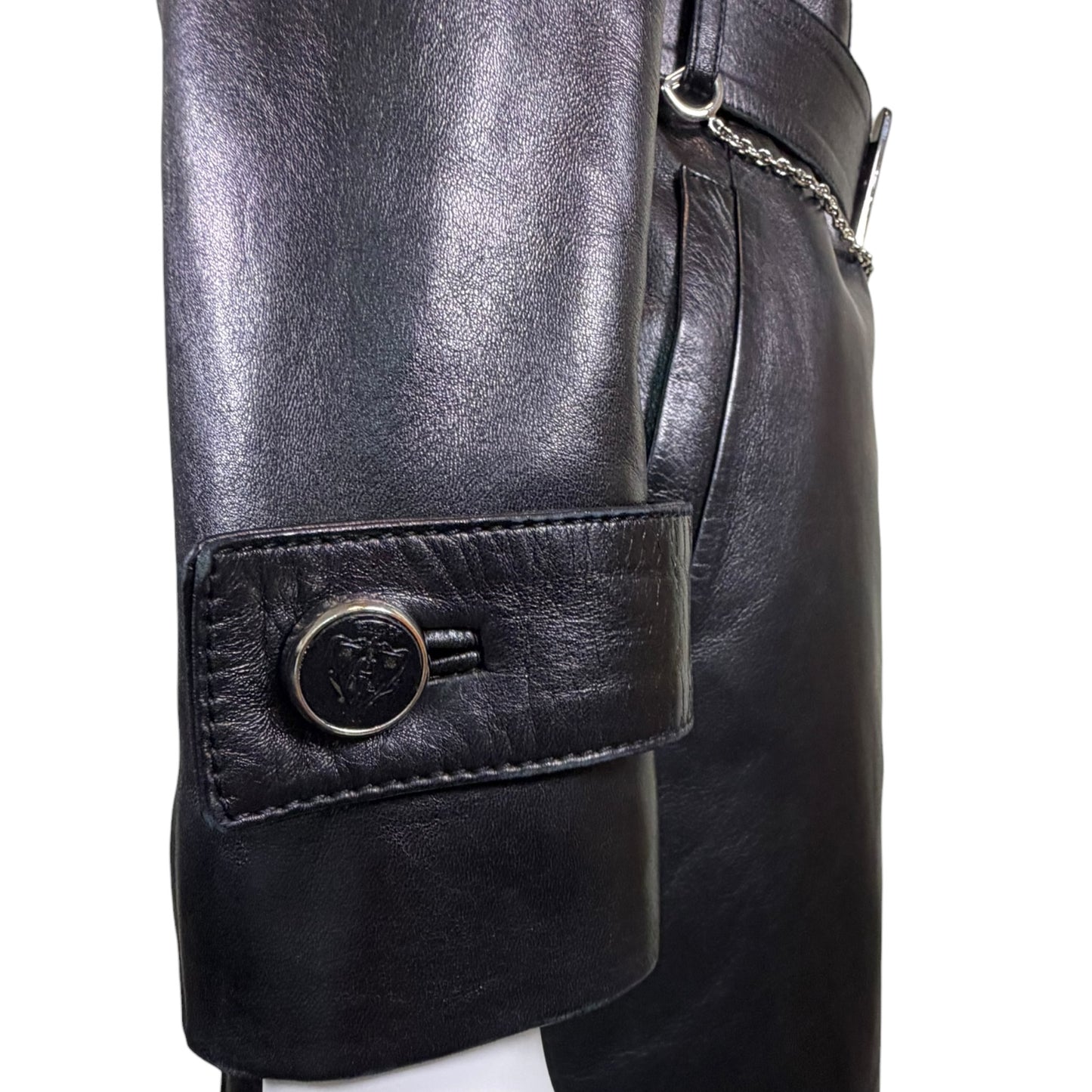 Gucci by Tom Ford Fall 1995 Runway Black Leather Belted Double-Breasted Trench Coat Size 38