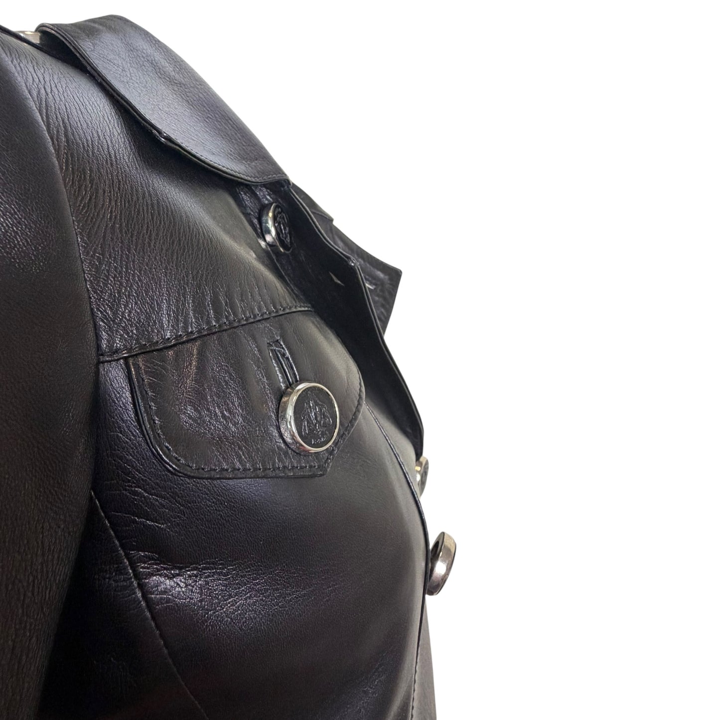 Gucci by Tom Ford Fall 1995 Runway Black Leather Belted Double-Breasted Trench Coat Size 38