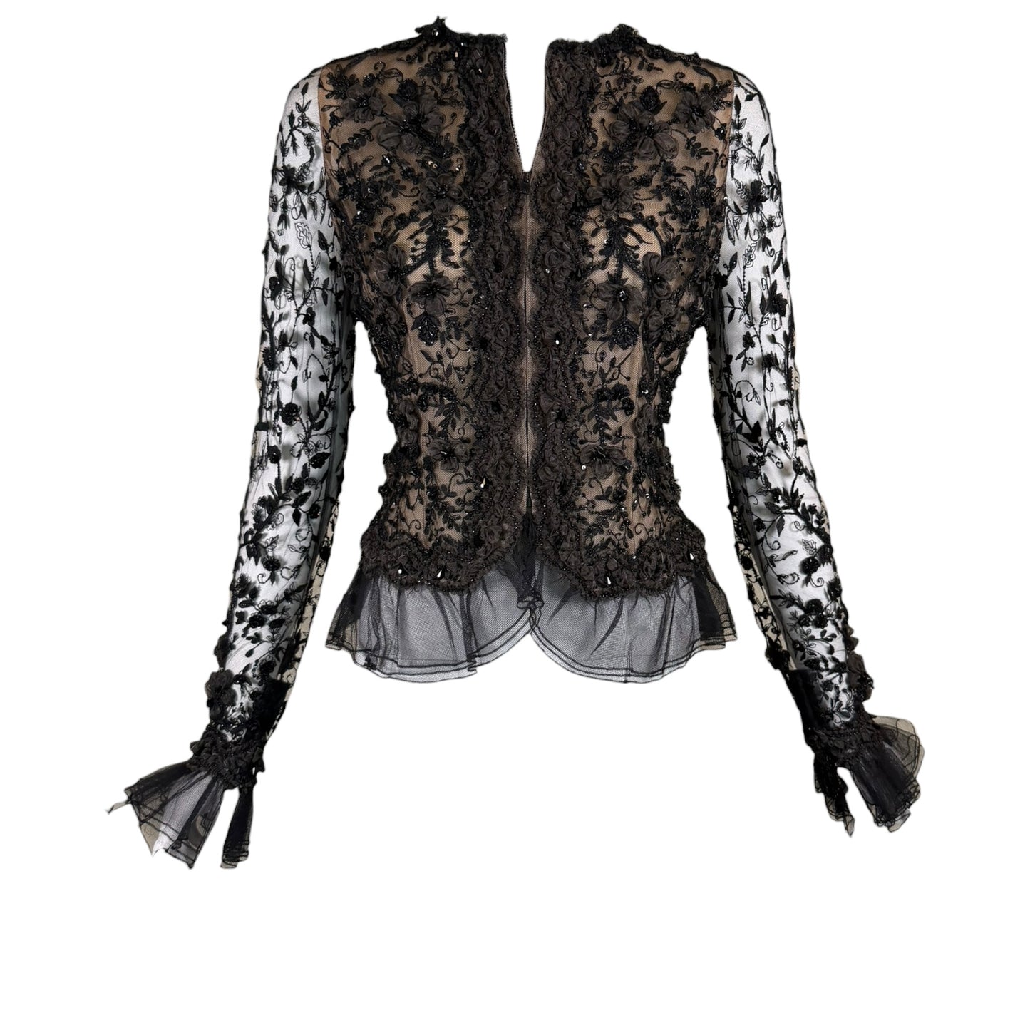 Iris Apfel Provenance Vintage Oscar de la Renta Black Beaded Lace Illusion Evening Jacket Size 8