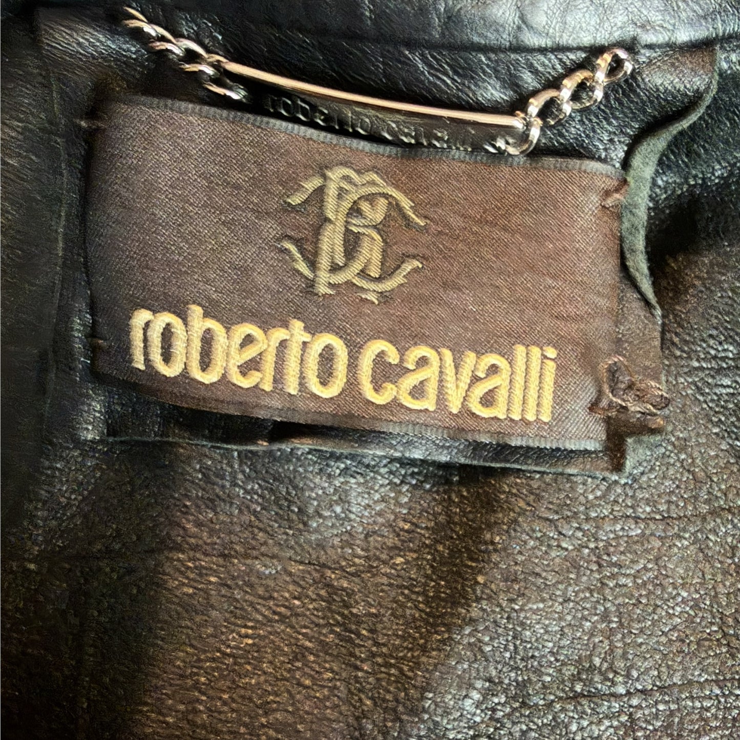 Vintage Roberto Cavalli Black Croc-Embossed Leather Moto Jacket, IT 44