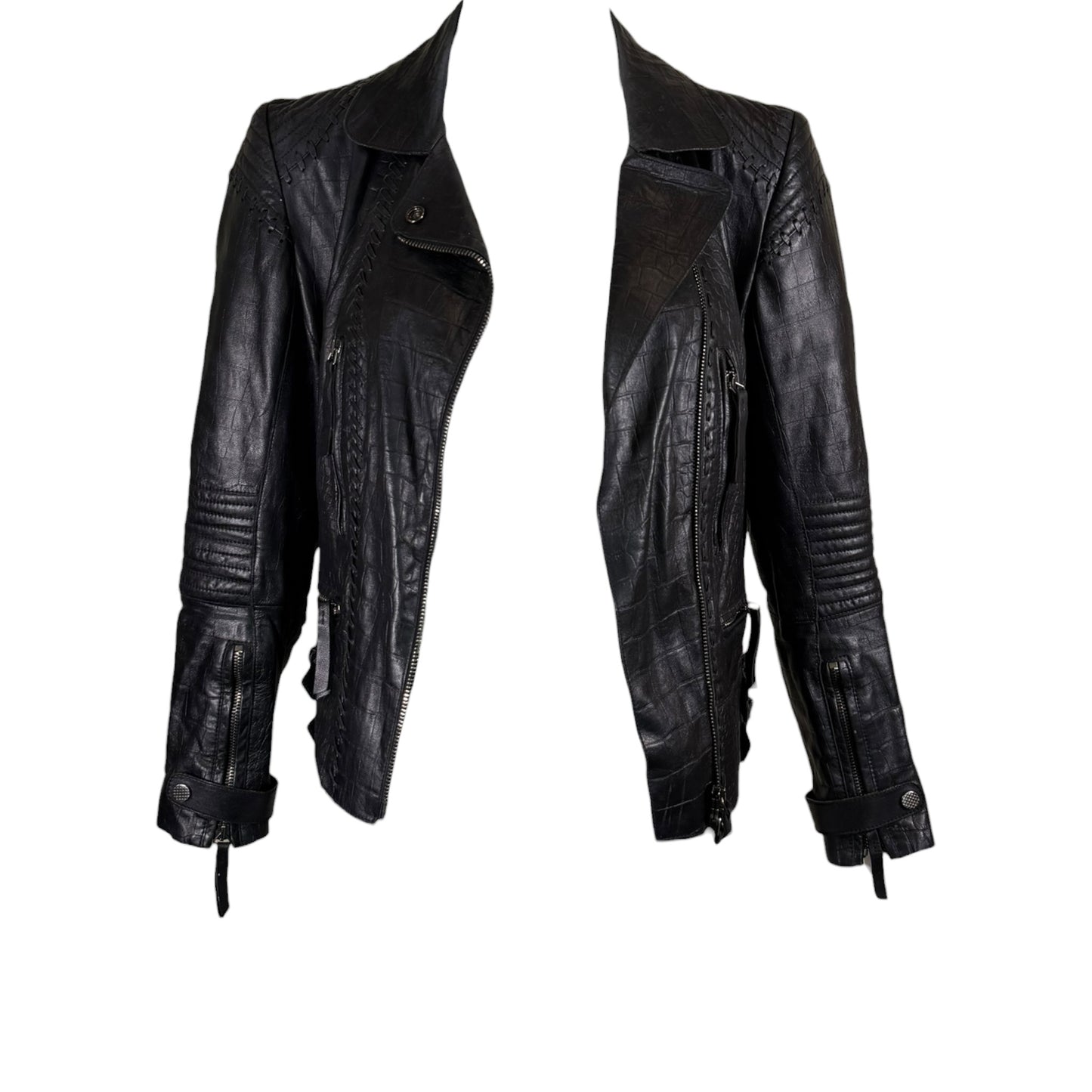 Vintage Roberto Cavalli Black Croc-Embossed Leather Moto Jacket, IT 44