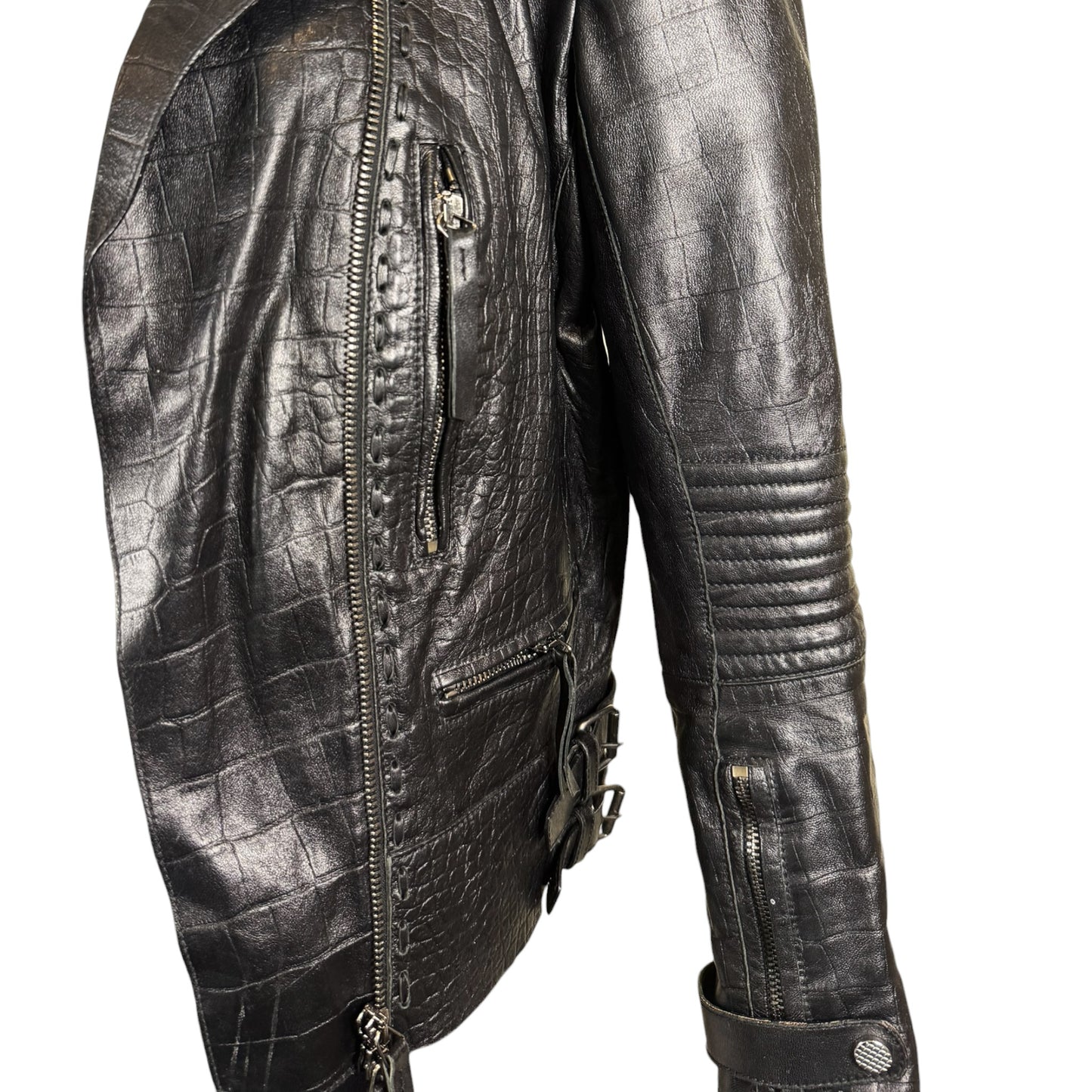 Vintage Roberto Cavalli Black Croc-Embossed Leather Moto Jacket, IT 44