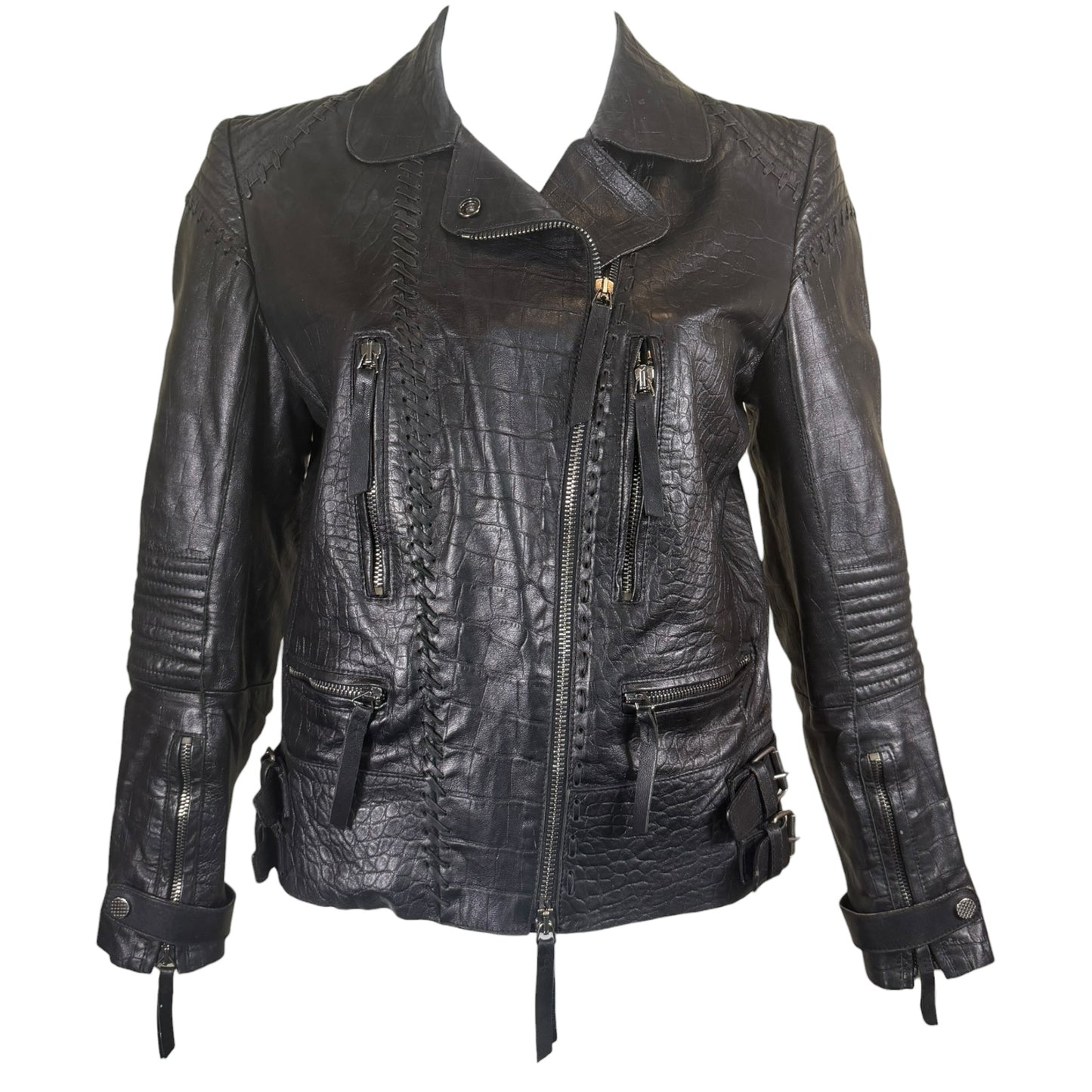 Vintage Roberto Cavalli Black Croc-Embossed Leather Moto Jacket, IT 44