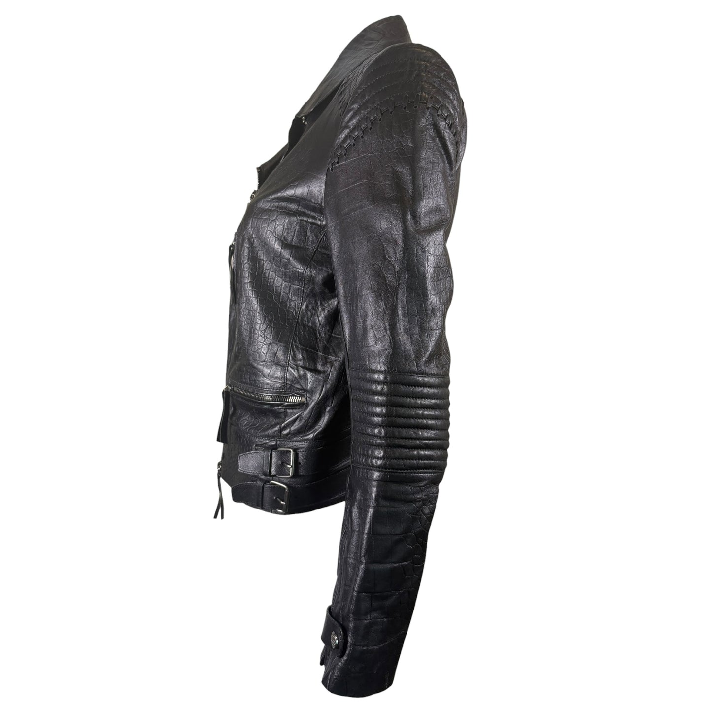 Vintage Roberto Cavalli Black Croc-Embossed Leather Moto Jacket, IT 44
