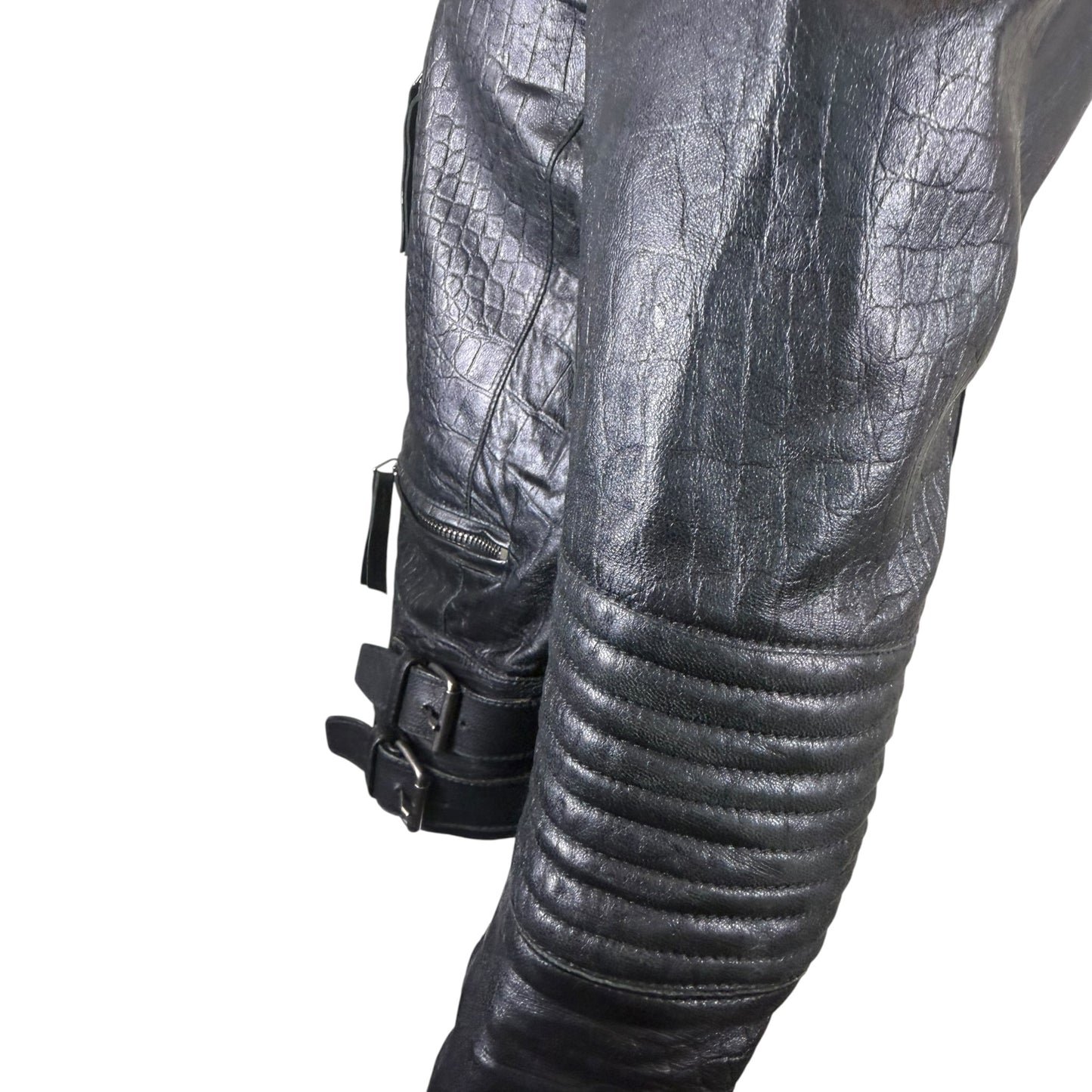 Vintage Roberto Cavalli Black Croc-Embossed Leather Moto Jacket, IT 44