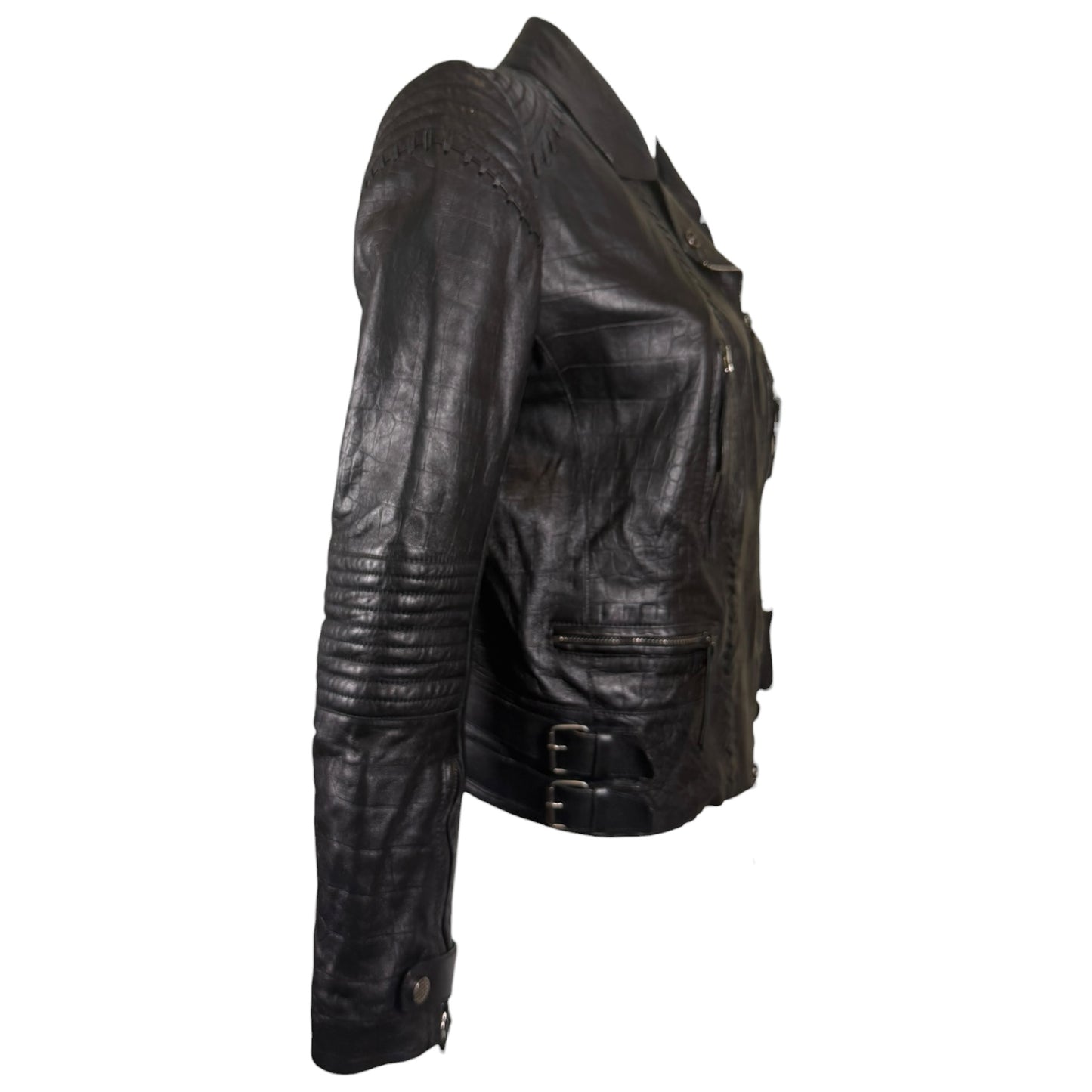 Vintage Roberto Cavalli Black Croc-Embossed Leather Moto Jacket, IT 44