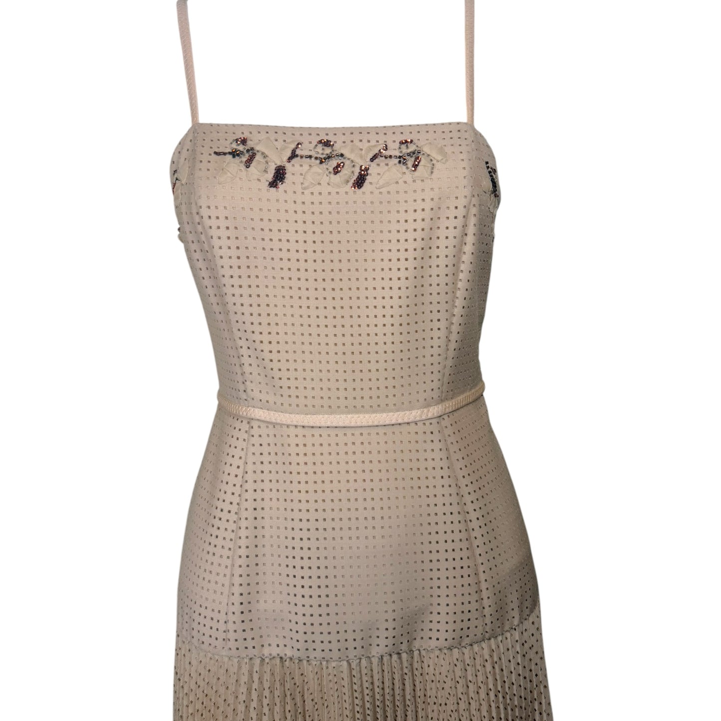 Fendi Spring 2019 Runway Beige Mohair & Wool Pleated Embellished Midi Dress, IT 42