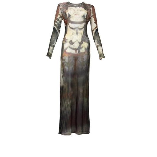 Vivienne Tam Spring 1997 Runway Buddha Print Sheer Mesh Maxi Dress | Size 2