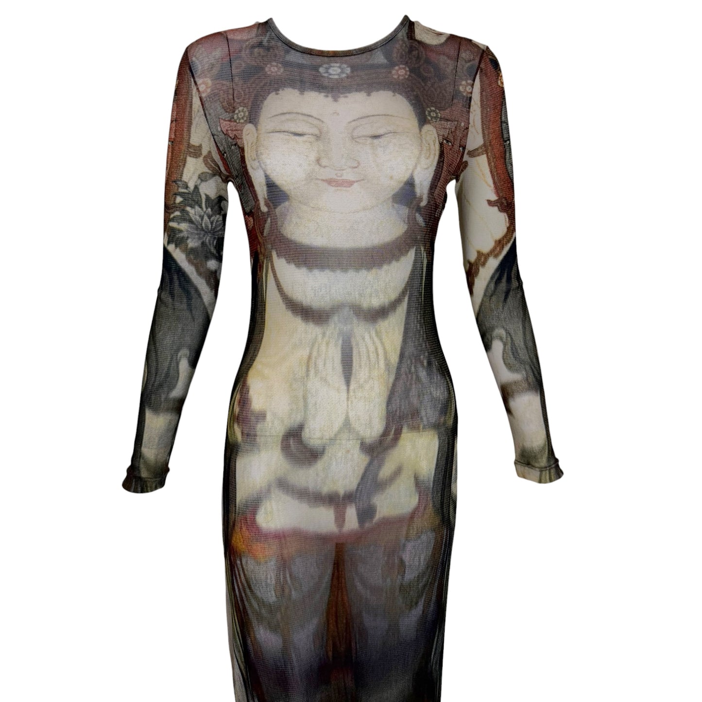 Vivienne Tam Spring 1997 Runway Buddha Print Sheer Mesh Maxi Dress | Size 2