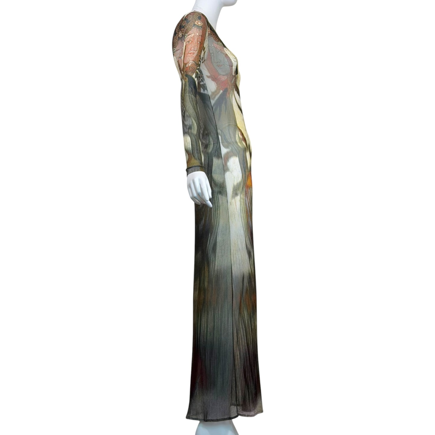 Vivienne Tam Spring 1997 Runway Buddha Print Sheer Mesh Maxi Dress | Size 2