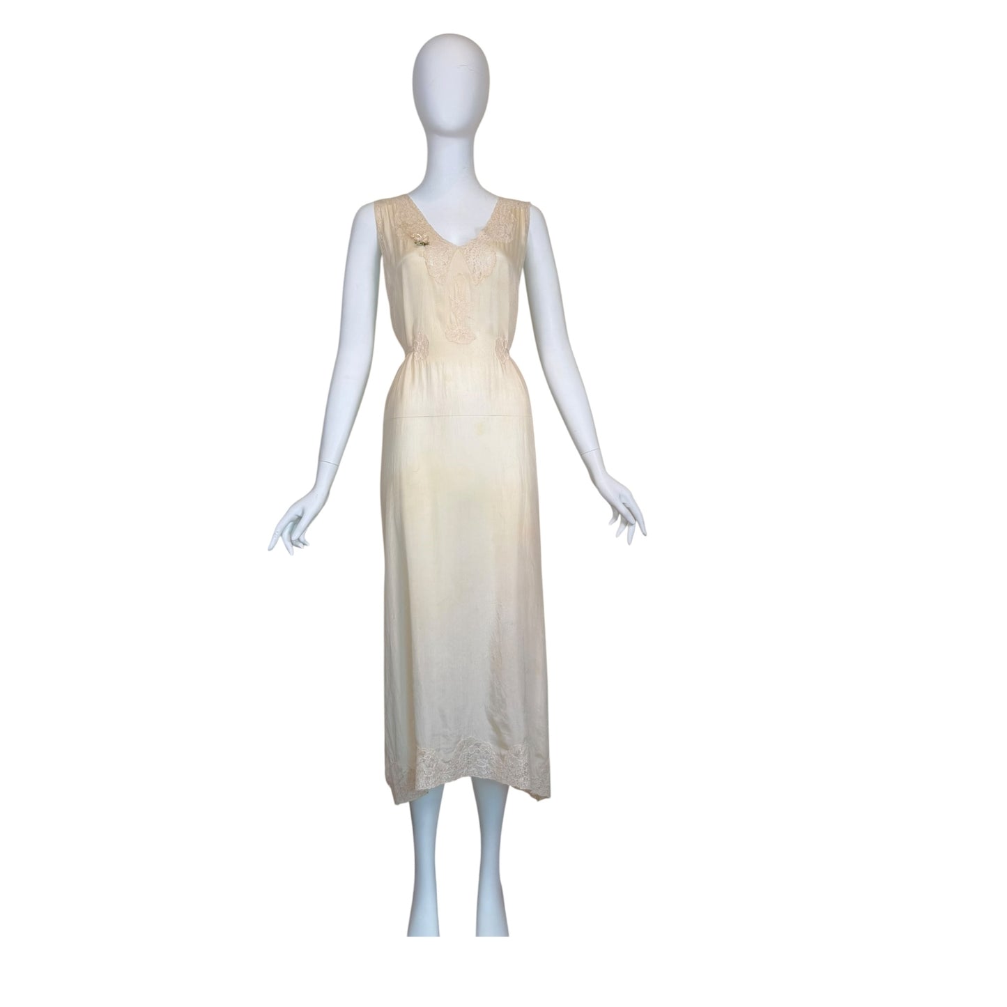 Vintage 1930s Ivory Silk & Lace Boudoir Slip Dress with Ribbonwork Floral Detail