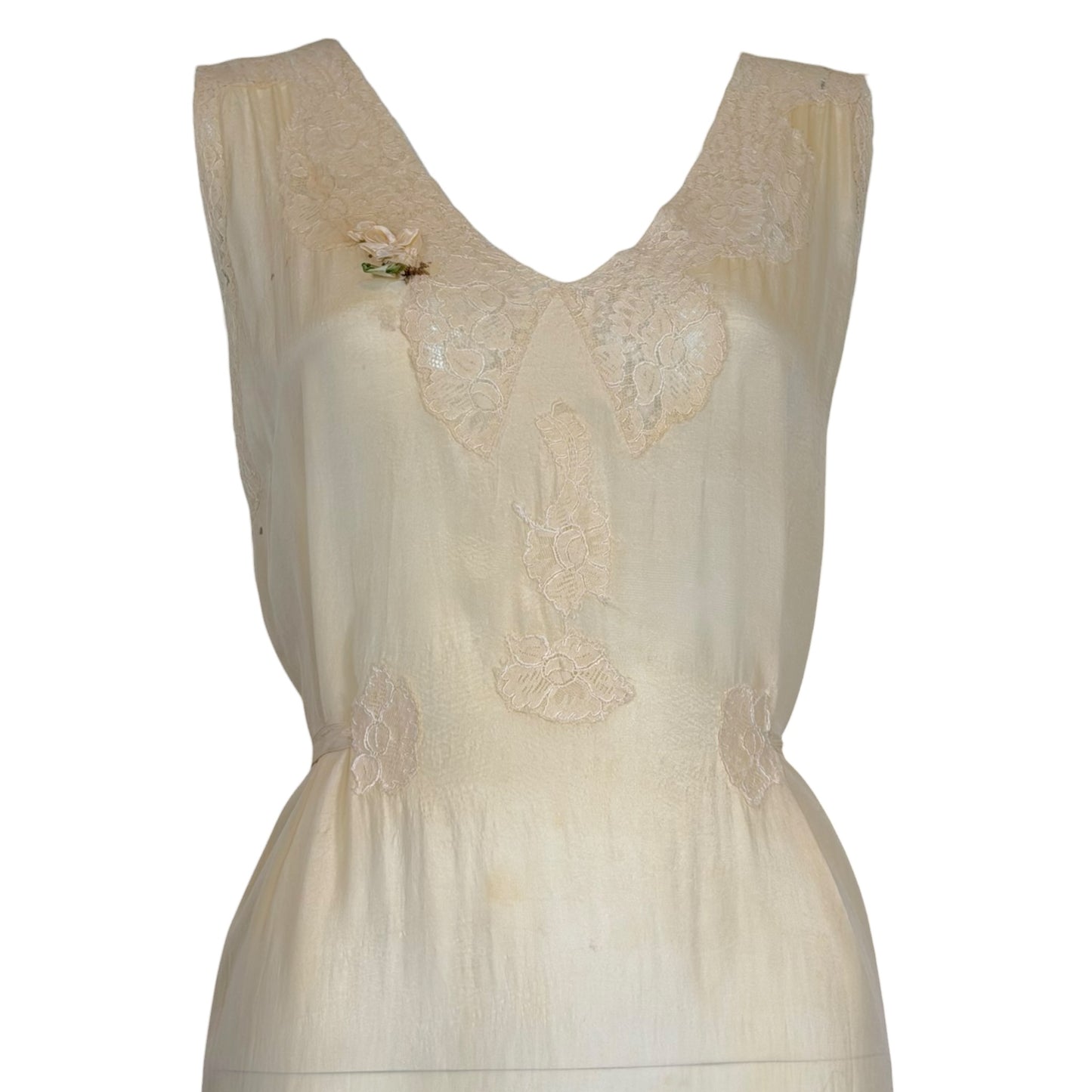 Vintage 1930s Ivory Silk & Lace Boudoir Slip Dress with Ribbonwork Floral Detail