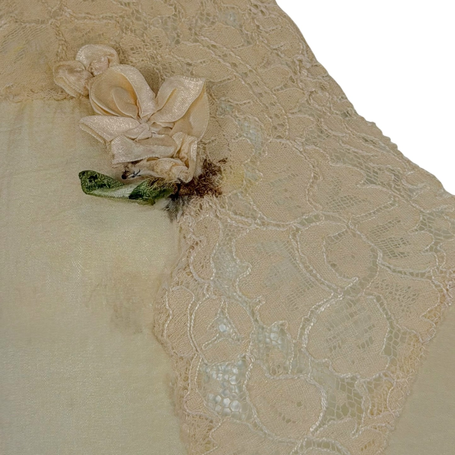 Vintage 1930s Ivory Silk & Lace Boudoir Slip Dress with Ribbonwork Floral Detail