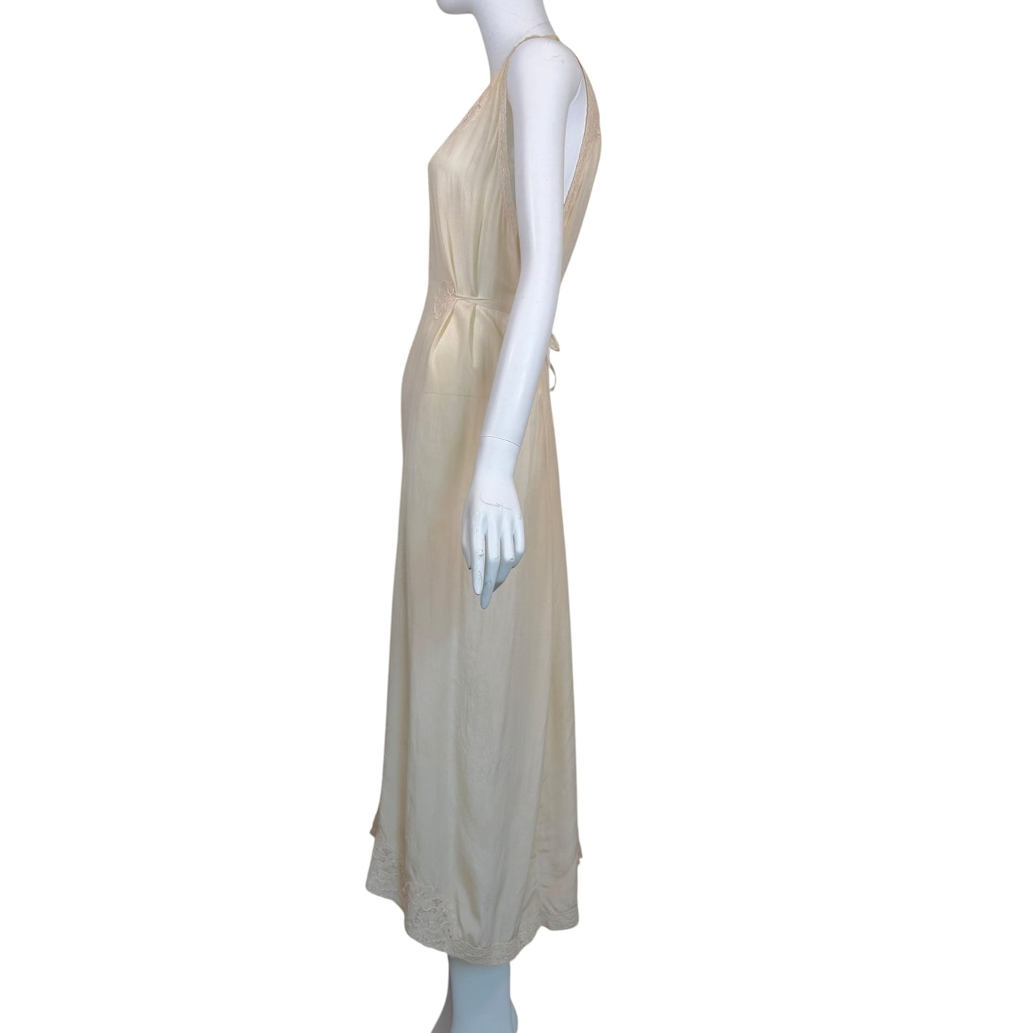 Vintage 1930s Ivory Silk & Lace Boudoir Slip Dress with Ribbonwork Floral Detail