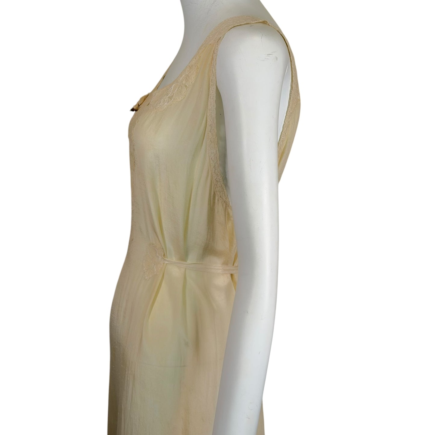 Vintage 1930s Ivory Silk & Lace Boudoir Slip Dress with Ribbonwork Floral Detail