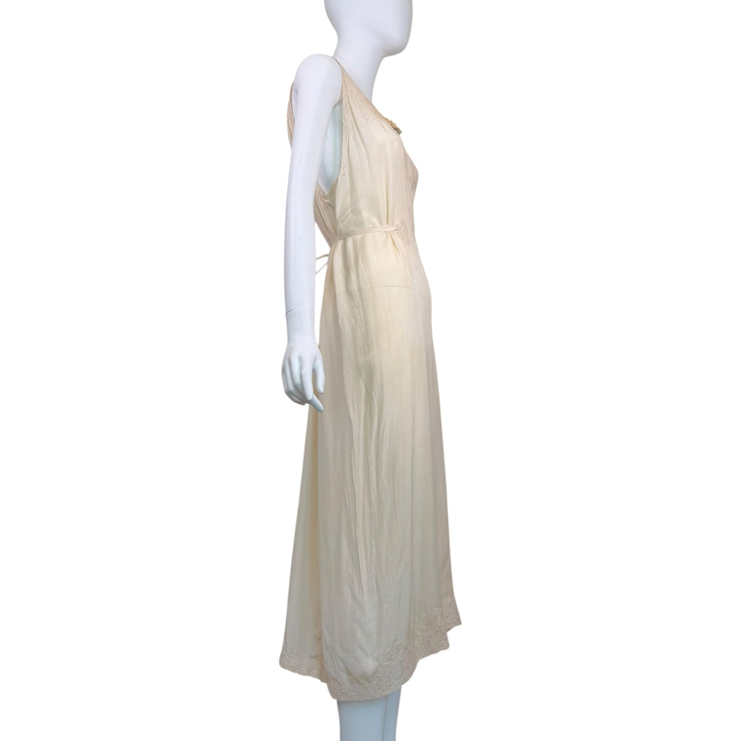Vintage 1930s Ivory Silk & Lace Boudoir Slip Dress with Ribbonwork Floral Detail
