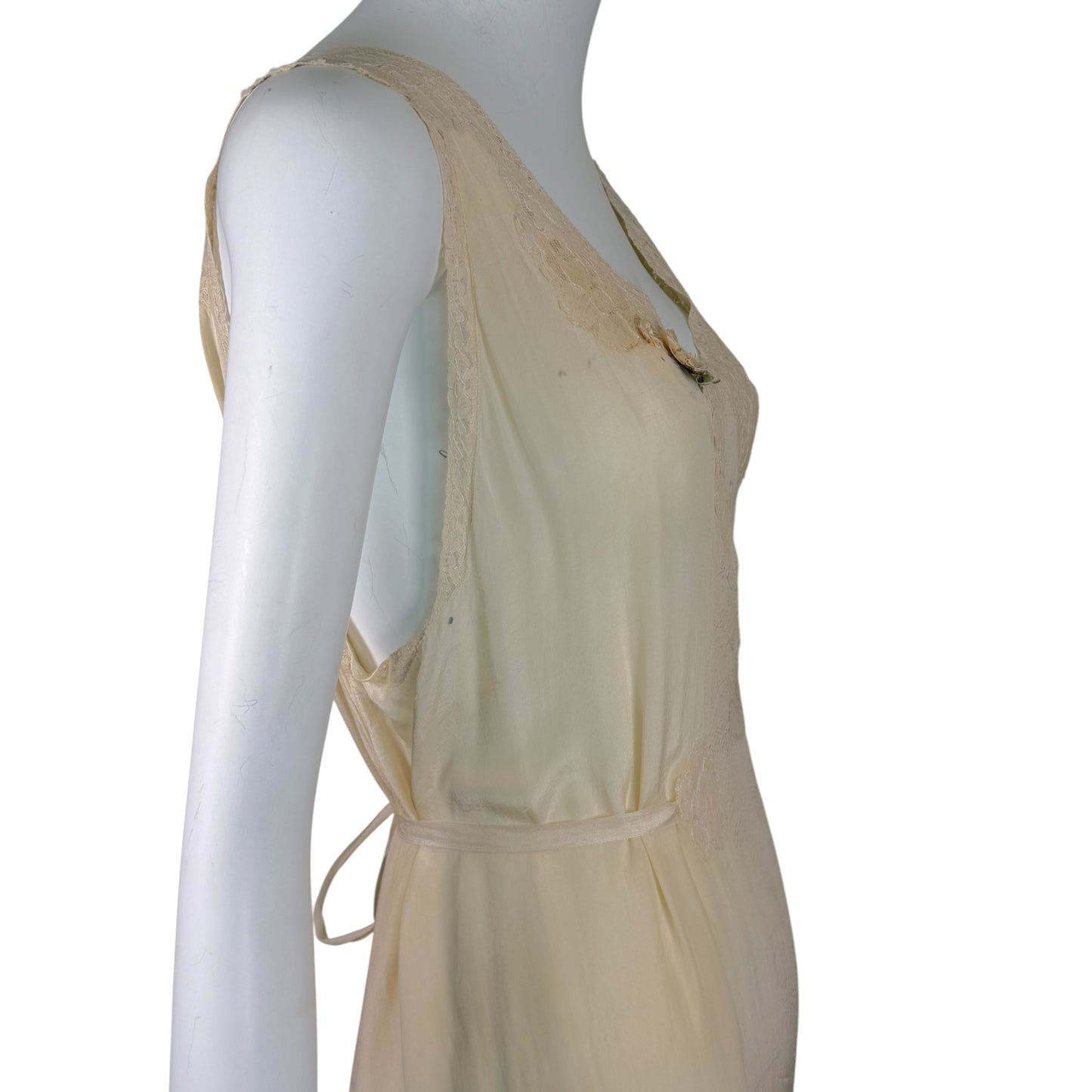Vintage 1930s Ivory Silk & Lace Boudoir Slip Dress with Ribbonwork Floral Detail
