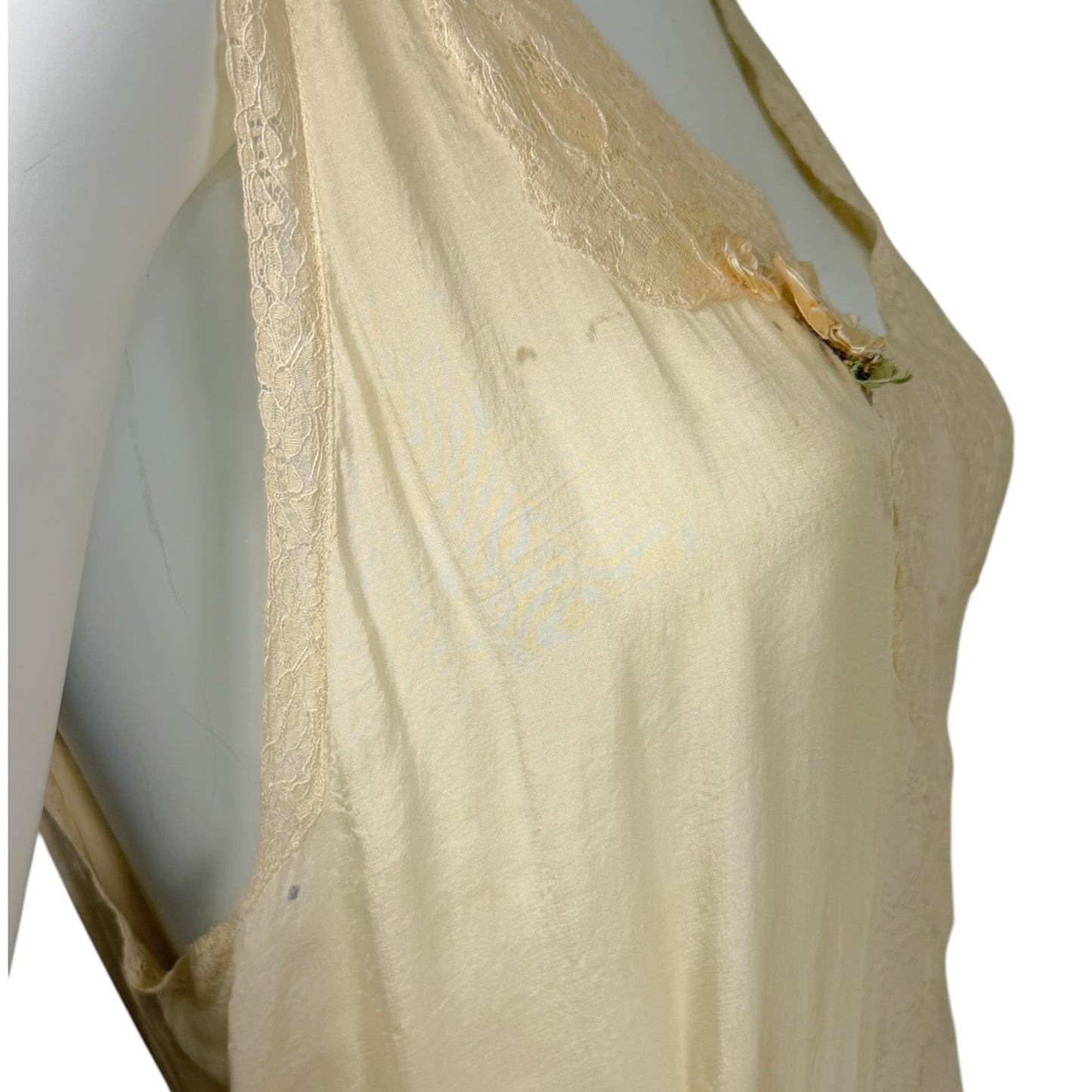 Vintage 1930s Ivory Silk & Lace Boudoir Slip Dress with Ribbonwork Floral Detail
