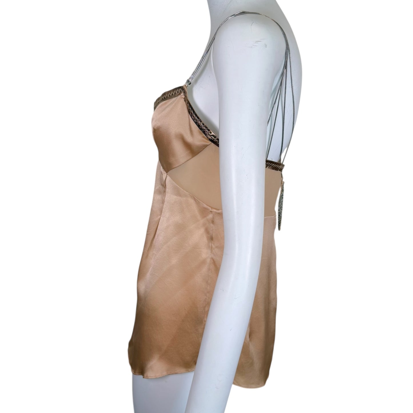 Vintage Dolce & Gabbana Y2K Champagne Silk Satin Camisole with Metal Chain Straps & Crystal Zip Pull | IT 42