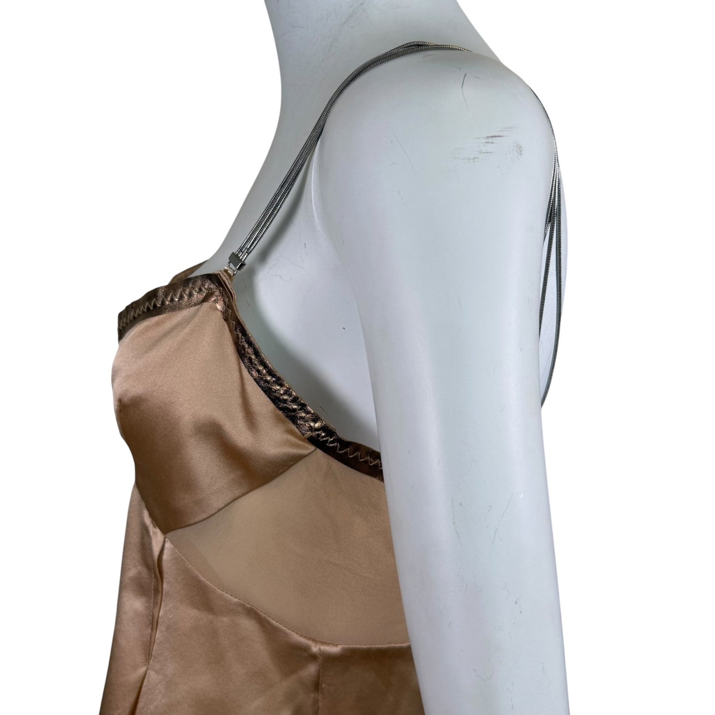 Vintage Dolce & Gabbana Y2K Champagne Silk Satin Camisole with Metal Chain Straps & Crystal Zip Pull | IT 42
