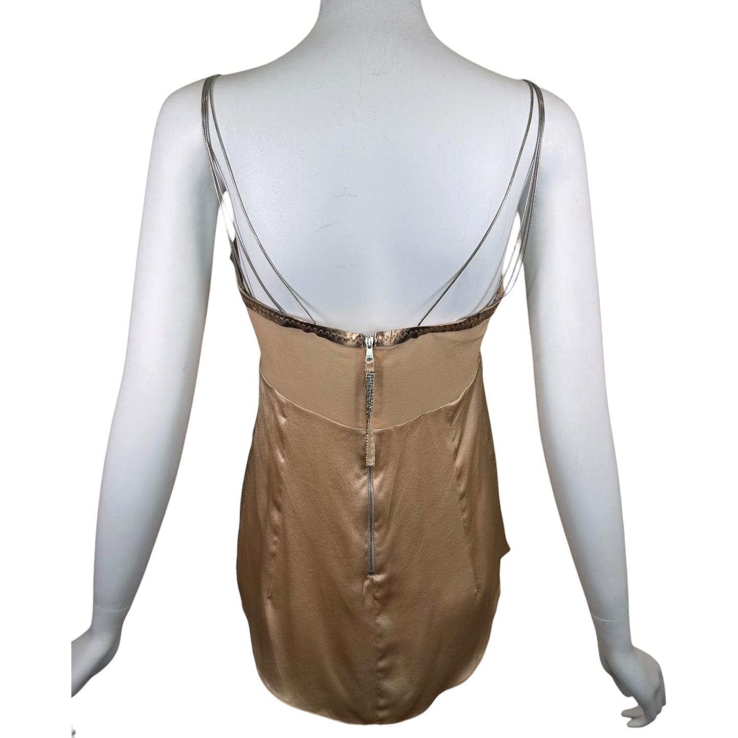 Vintage Dolce & Gabbana Y2K Champagne Silk Satin Camisole with Metal Chain Straps & Crystal Zip Pull | IT 42