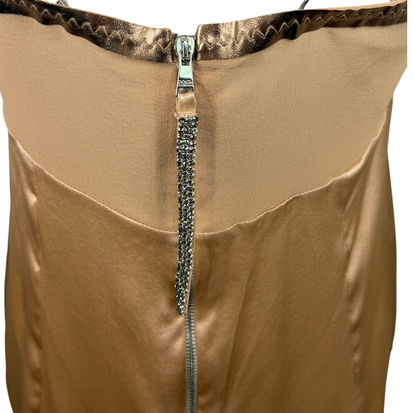 Vintage Dolce & Gabbana Y2K Champagne Silk Satin Camisole with Metal Chain Straps & Crystal Zip Pull | IT 42
