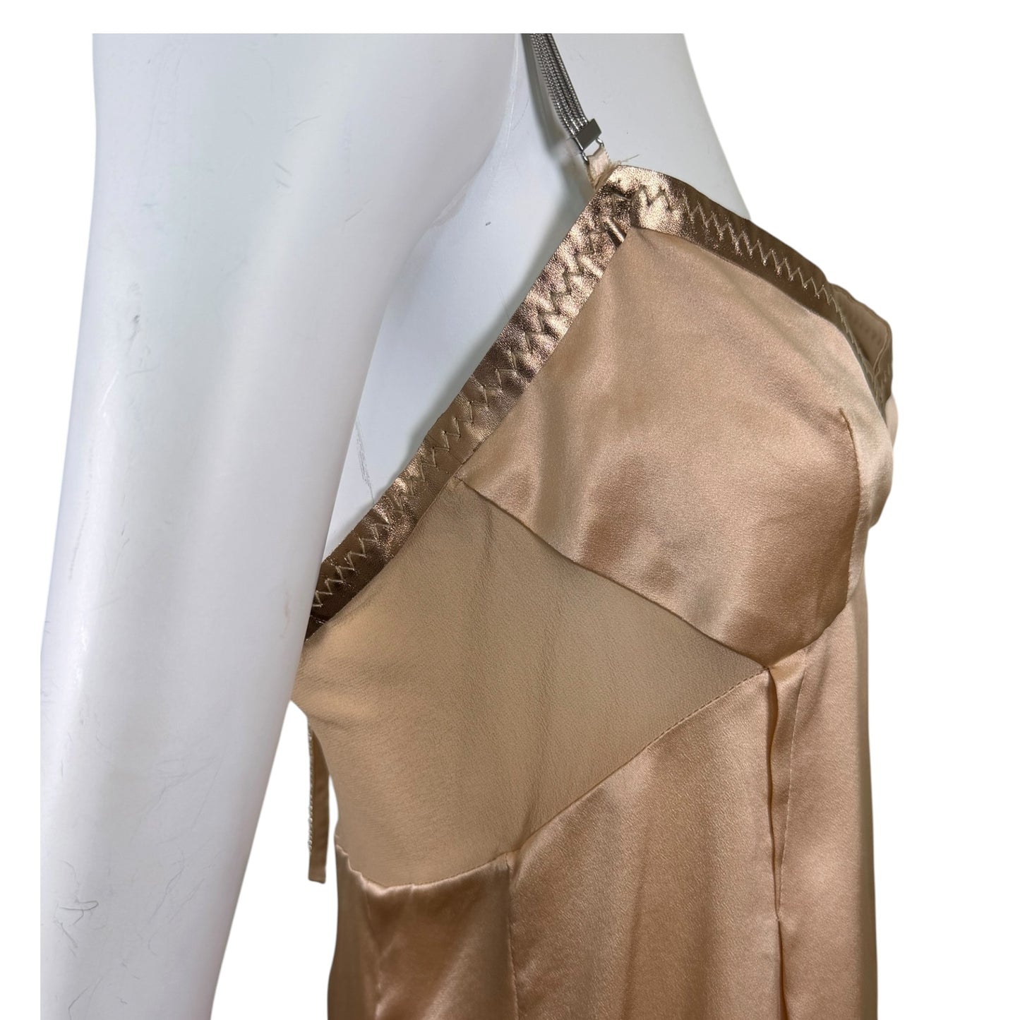Vintage Dolce & Gabbana Y2K Champagne Silk Satin Camisole with Metal Chain Straps & Crystal Zip Pull | IT 42