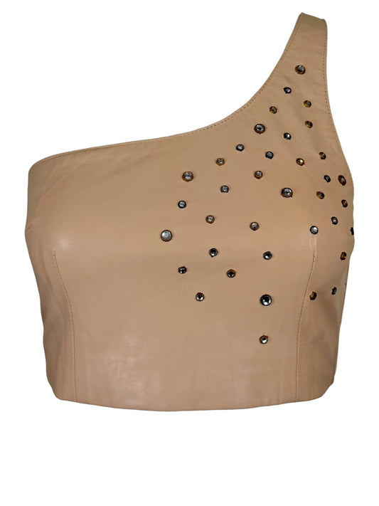 Vintage La Moda Nude Leather One-Shoulder Rhinestone Studded Crop Top | Size Small