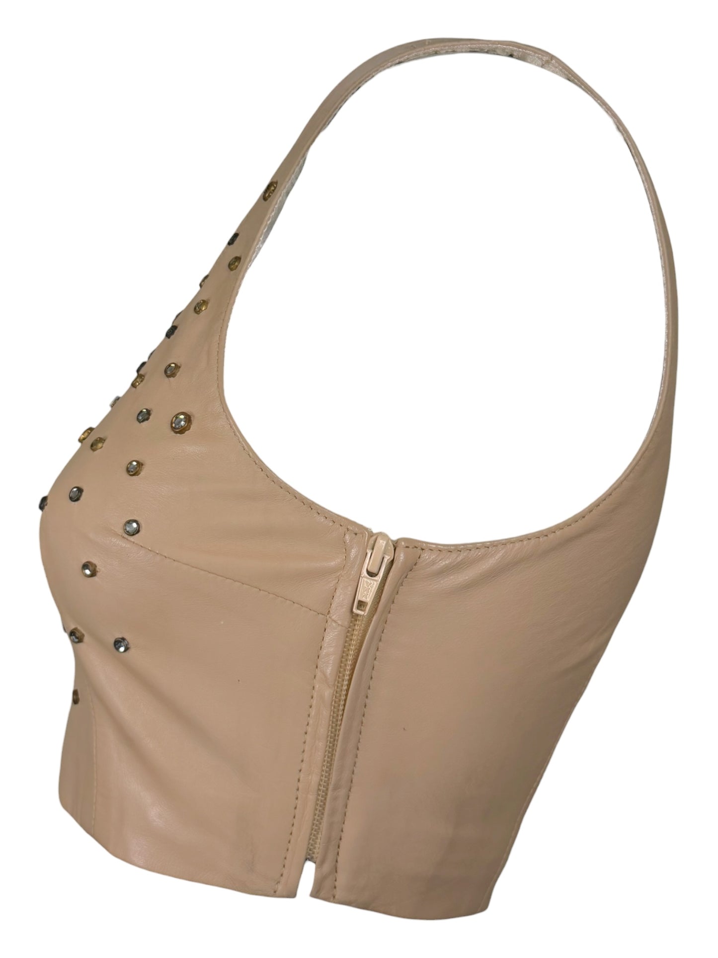 Vintage La Moda Nude Leather One-Shoulder Rhinestone Studded Crop Top | Size Small