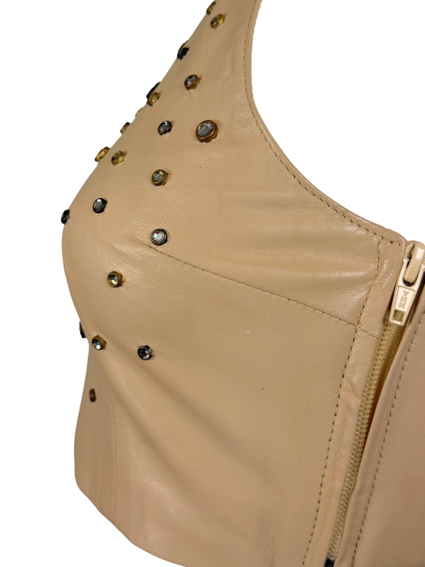 Vintage La Moda Nude Leather One-Shoulder Rhinestone Studded Crop Top | Size Small