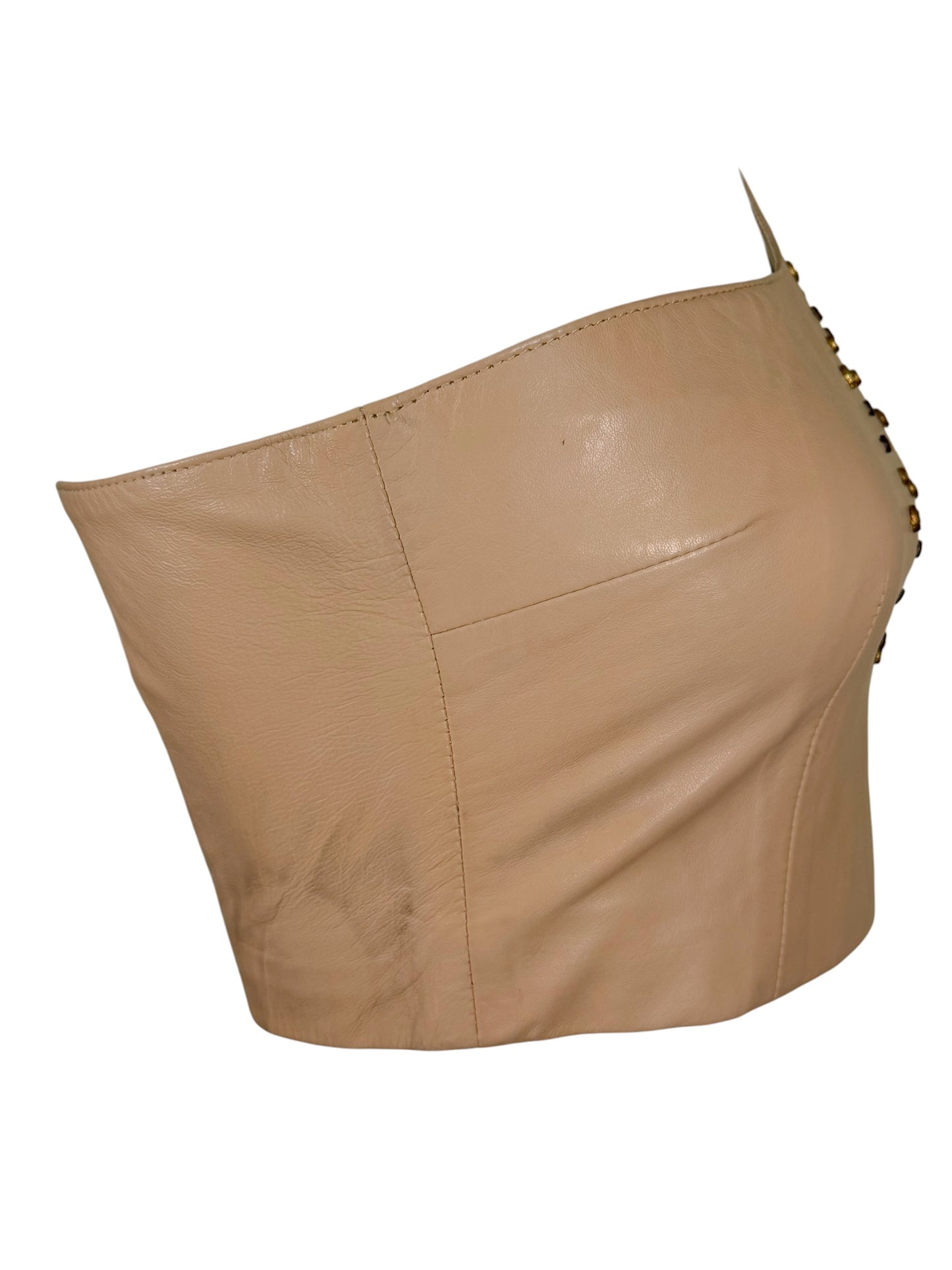 Vintage La Moda Nude Leather One-Shoulder Rhinestone Studded Crop Top | Size Small