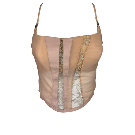 1990s Versace Jeans Couture Nude Mesh Leather & Metallic Lace Corset Top | Medium