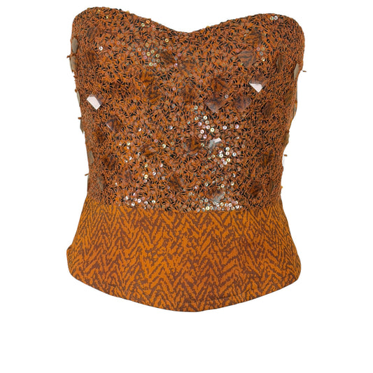 Vintage La Perla Brown Silk Chiffon Printed Bustier Top with Paillettes & Sequins | S-M