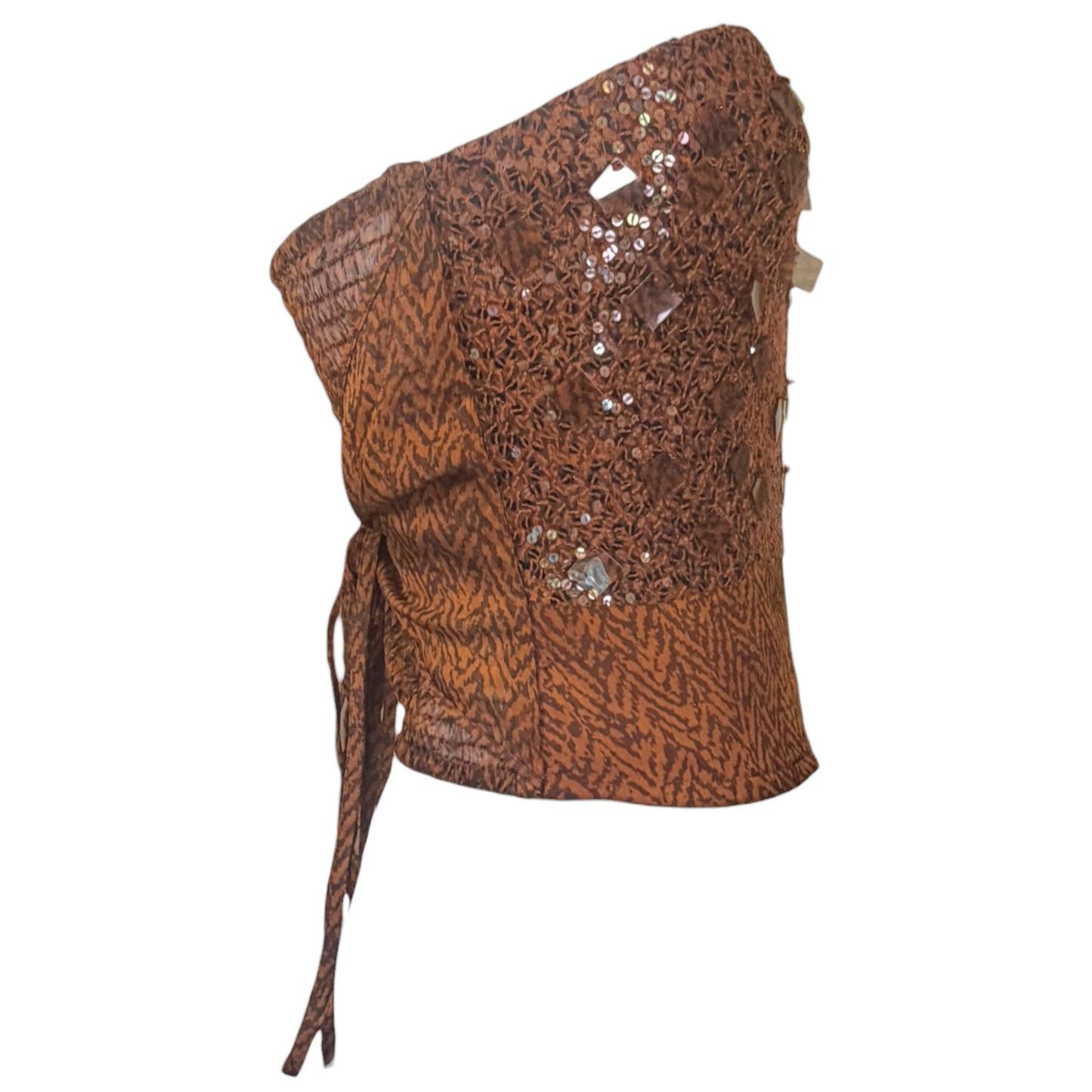 Vintage La Perla Brown Silk Chiffon Printed Bustier Top with Paillettes & Sequins | S-M