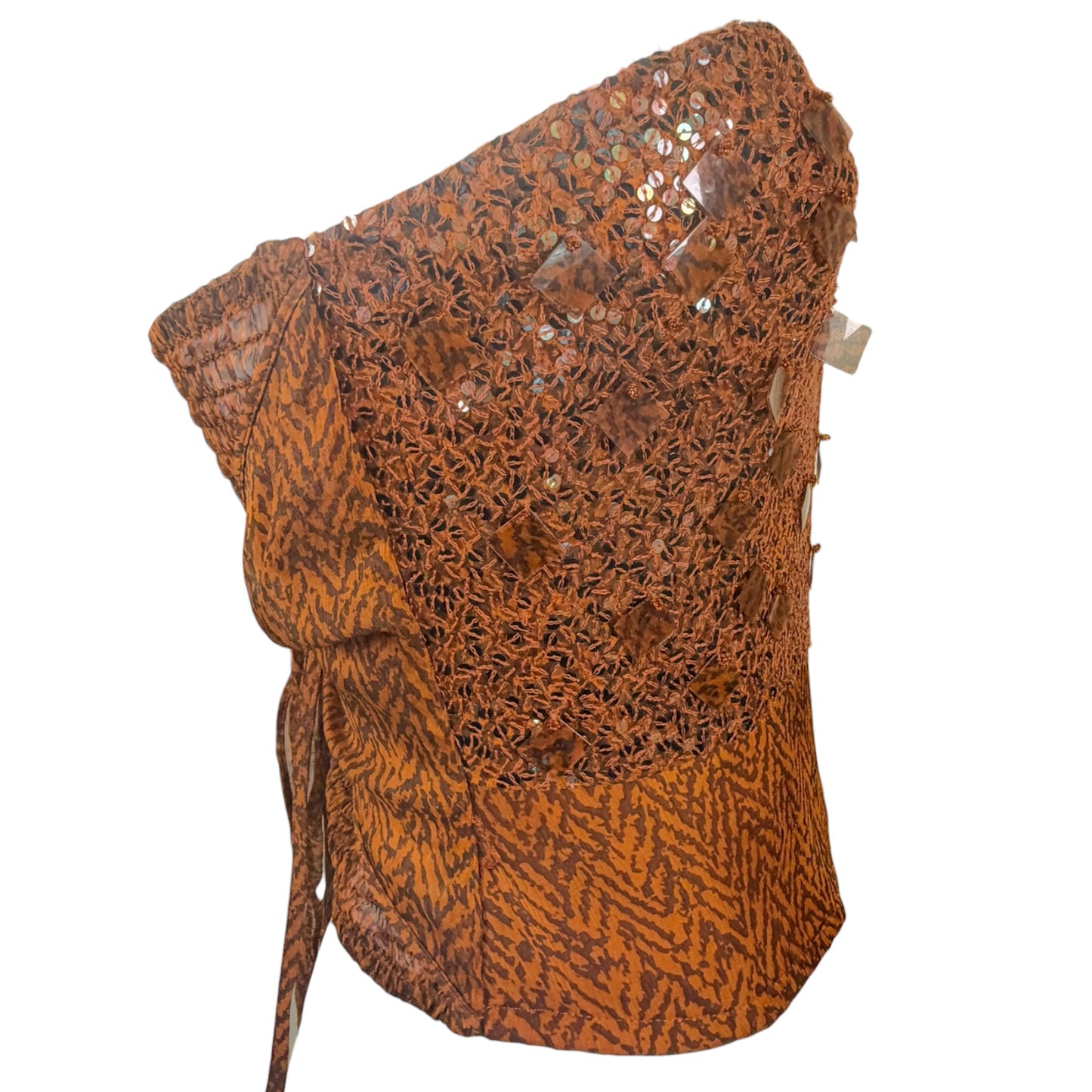 Vintage La Perla Brown Silk Chiffon Printed Bustier Top with Paillettes & Sequins | S-M
