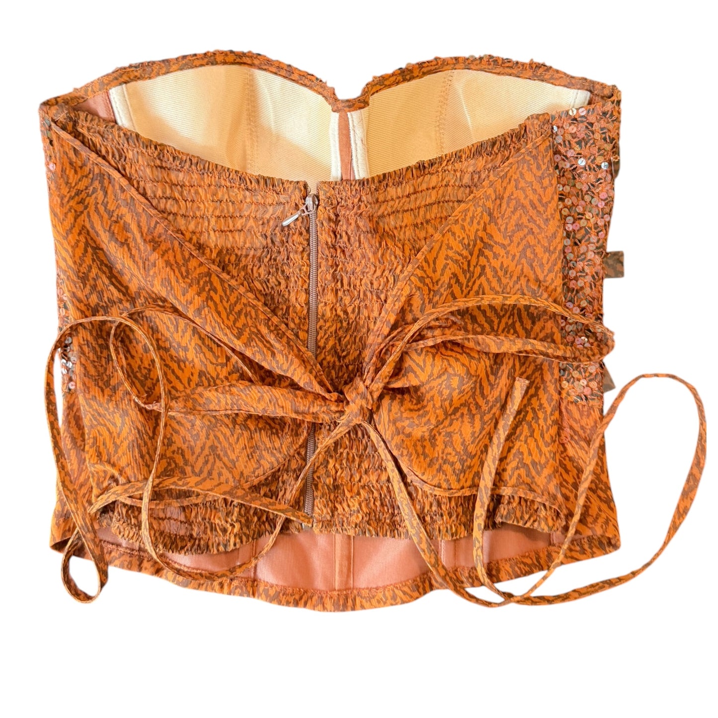 Vintage La Perla Brown Silk Chiffon Printed Bustier Top with Paillettes & Sequins | S-M