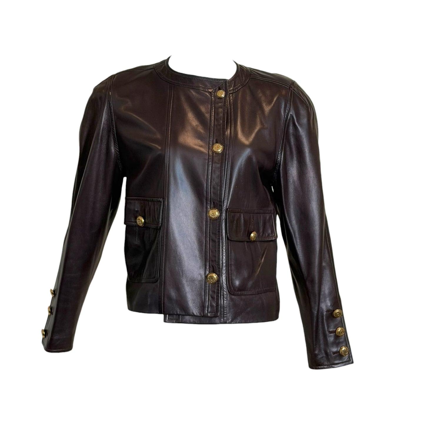 Vintage Chanel Late 1980s Brown Leather Jacket & Pencil Skirt Set with Gold CC Buttons – Jacket 38 / Skirt 40