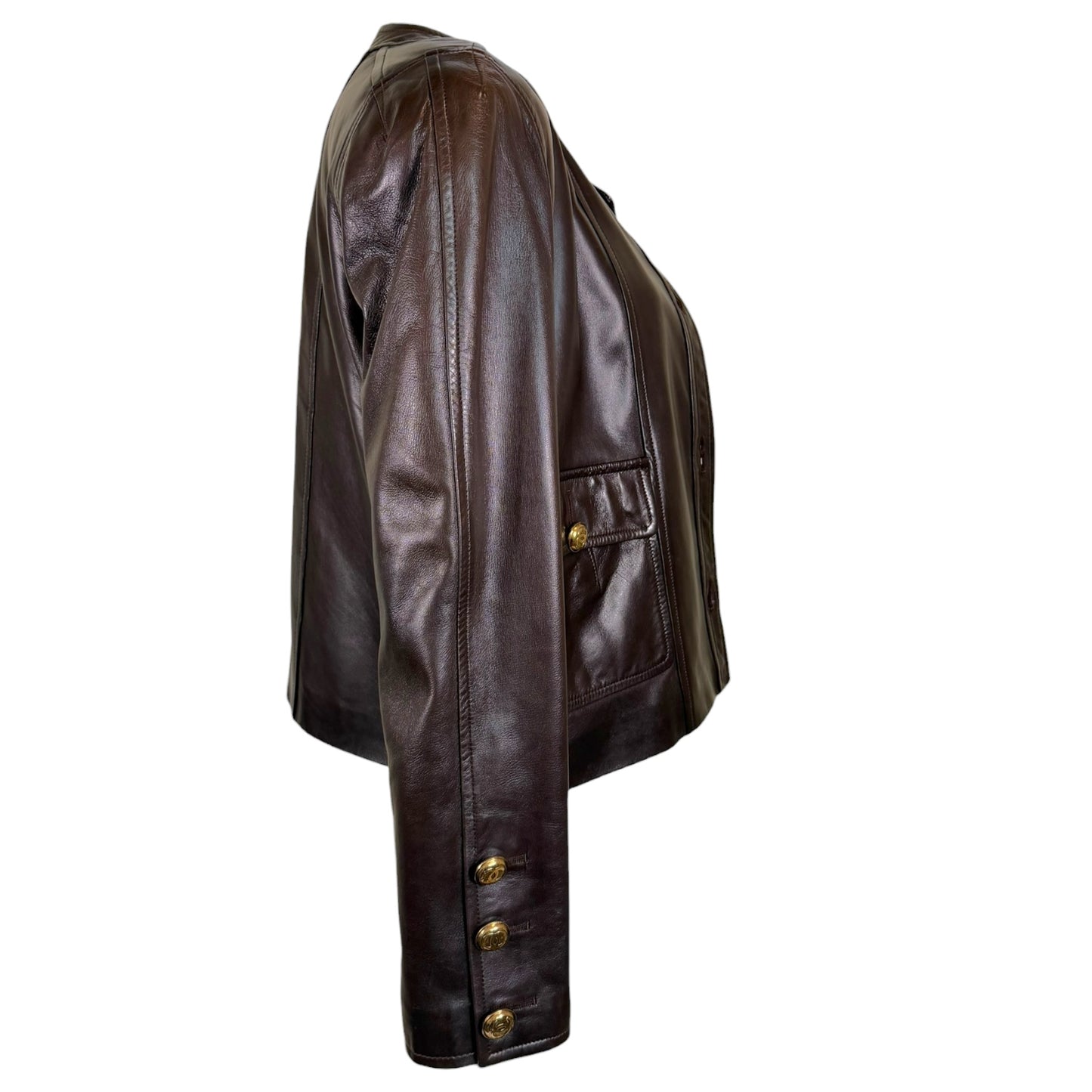 Vintage Chanel Late 1980s Brown Leather Jacket & Pencil Skirt Set with Gold CC Buttons – Jacket 38 / Skirt 40