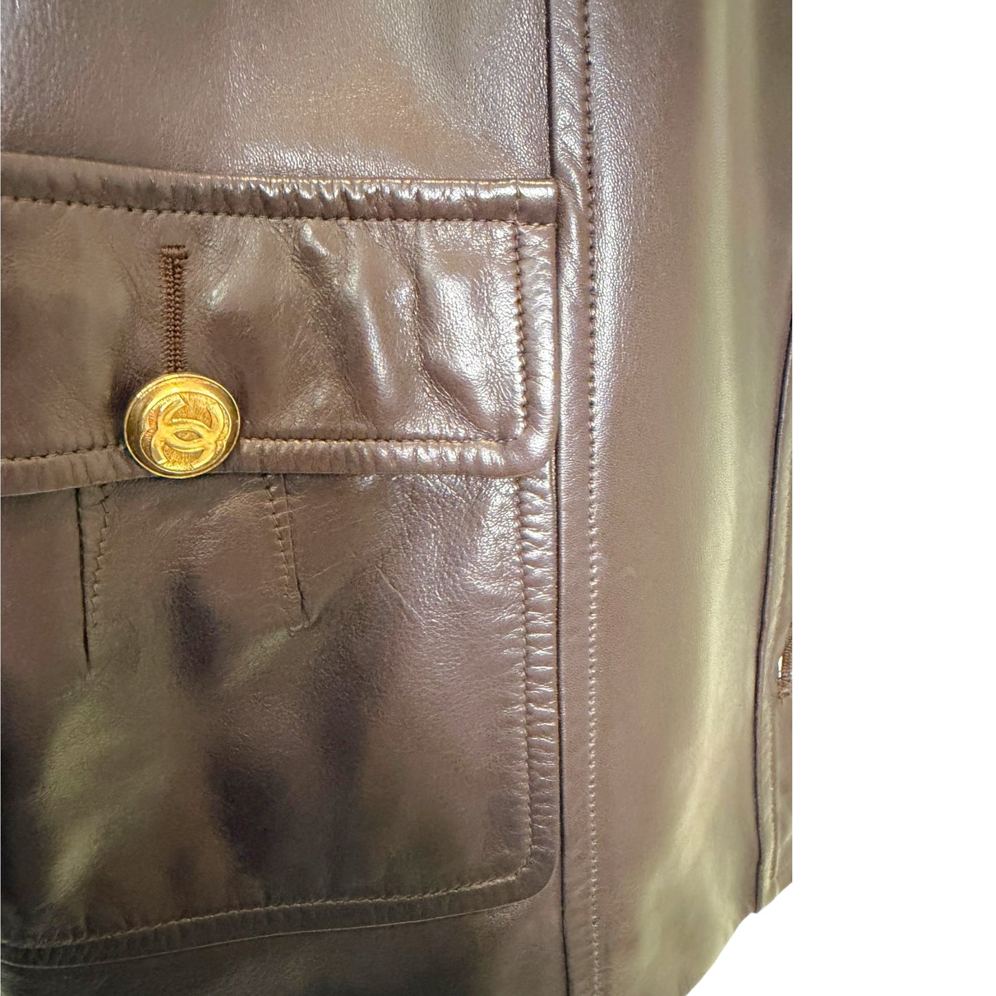 Vintage Chanel Late 1980s Brown Leather Jacket & Pencil Skirt Set with Gold CC Buttons – Jacket 38 / Skirt 40