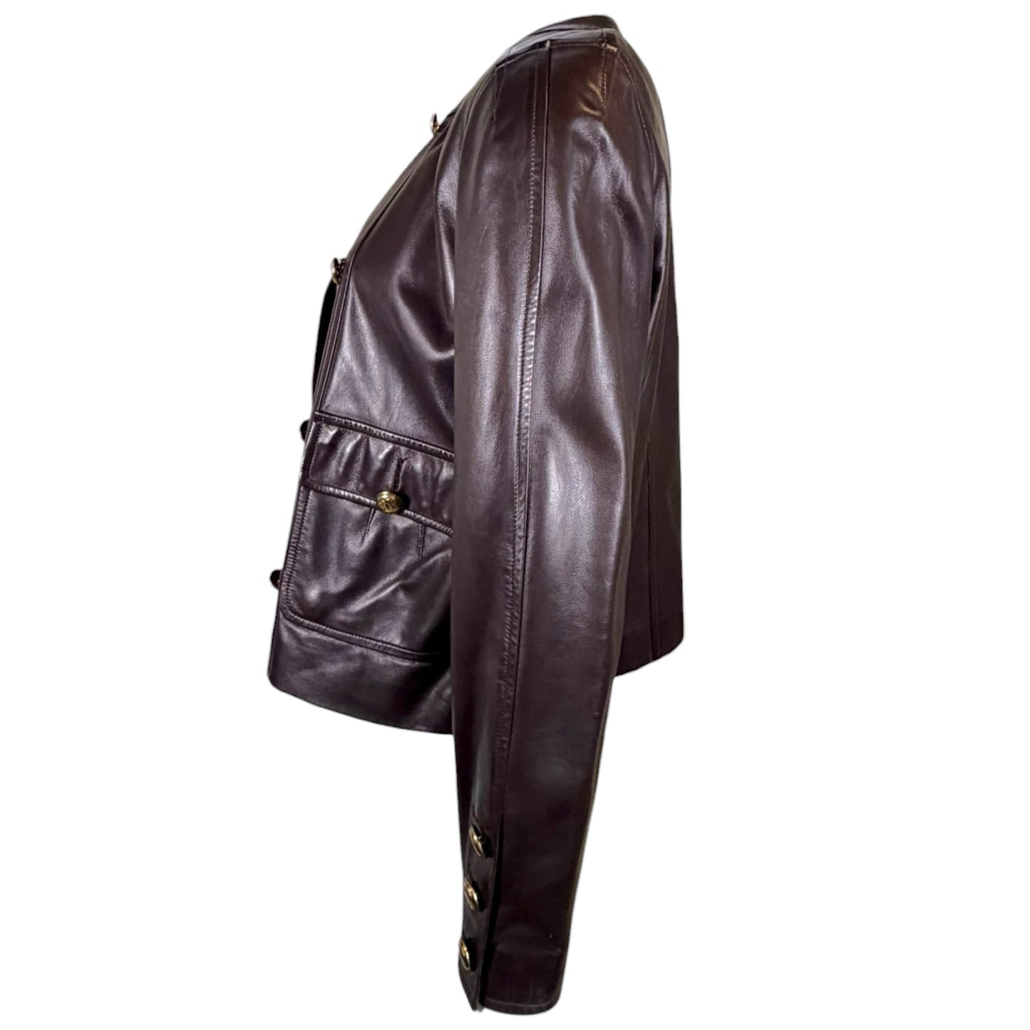 Vintage Chanel Late 1980s Brown Leather Jacket & Pencil Skirt Set with Gold CC Buttons – Jacket 38 / Skirt 40