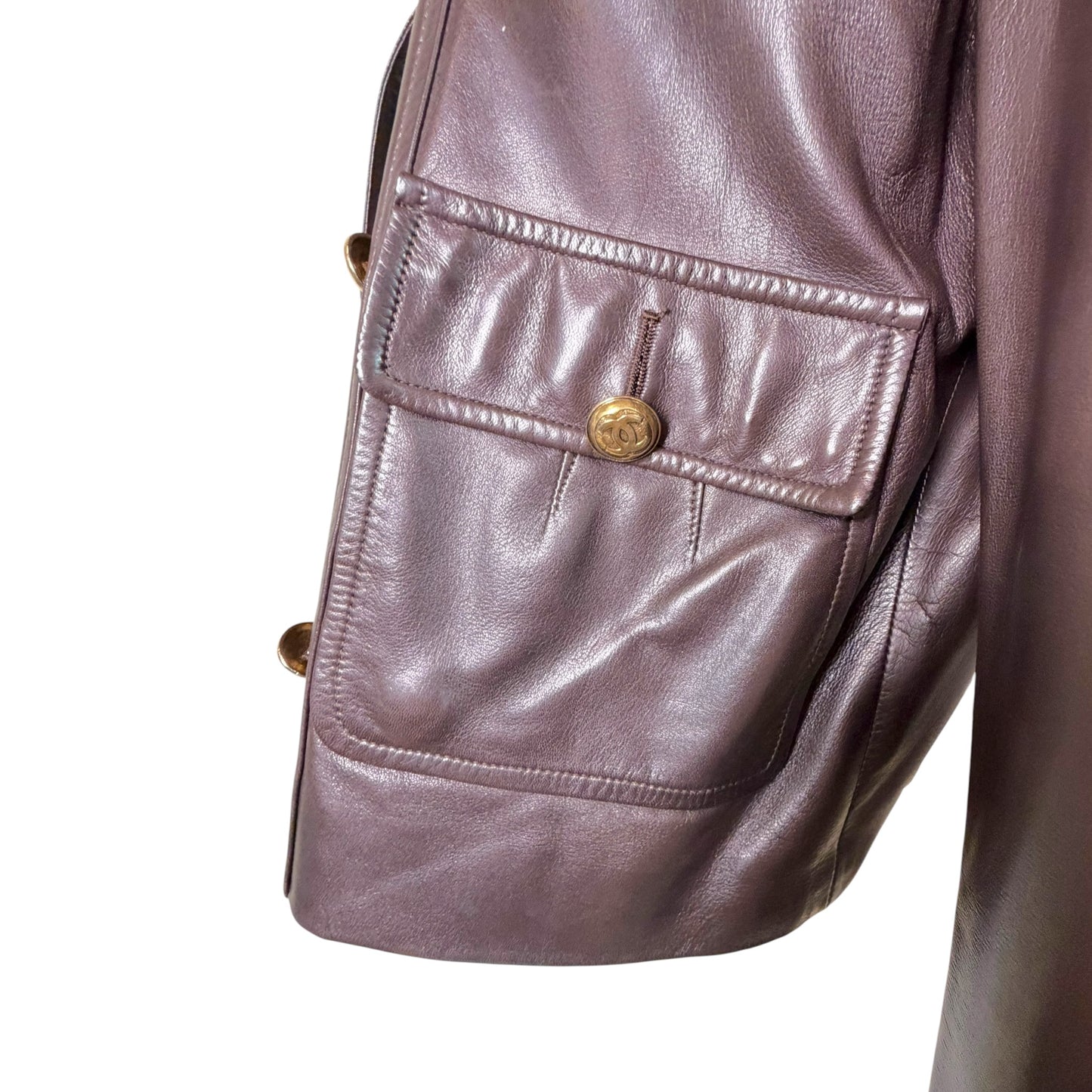 Vintage Chanel Late 1980s Brown Leather Jacket & Pencil Skirt Set with Gold CC Buttons – Jacket 38 / Skirt 40