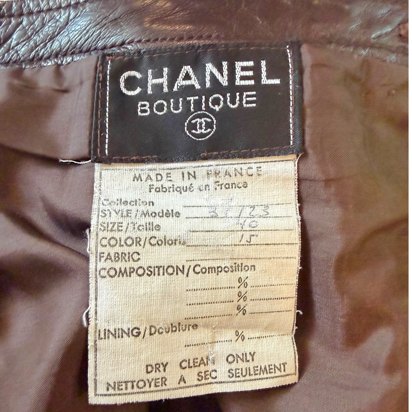 Vintage Chanel Late 1980s Brown Leather Jacket & Pencil Skirt Set with Gold CC Buttons – Jacket 38 / Skirt 40