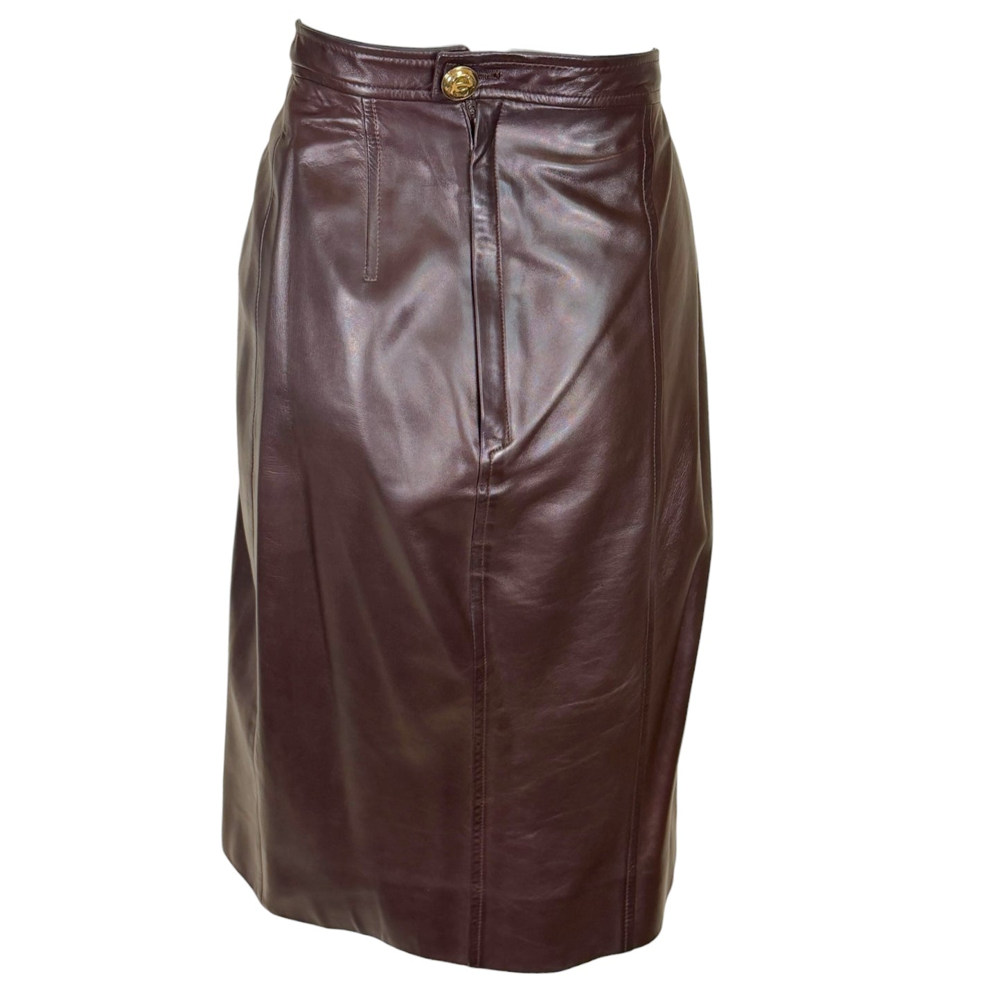 Vintage Chanel Late 1980s Brown Leather Jacket & Pencil Skirt Set with Gold CC Buttons – Jacket 38 / Skirt 40