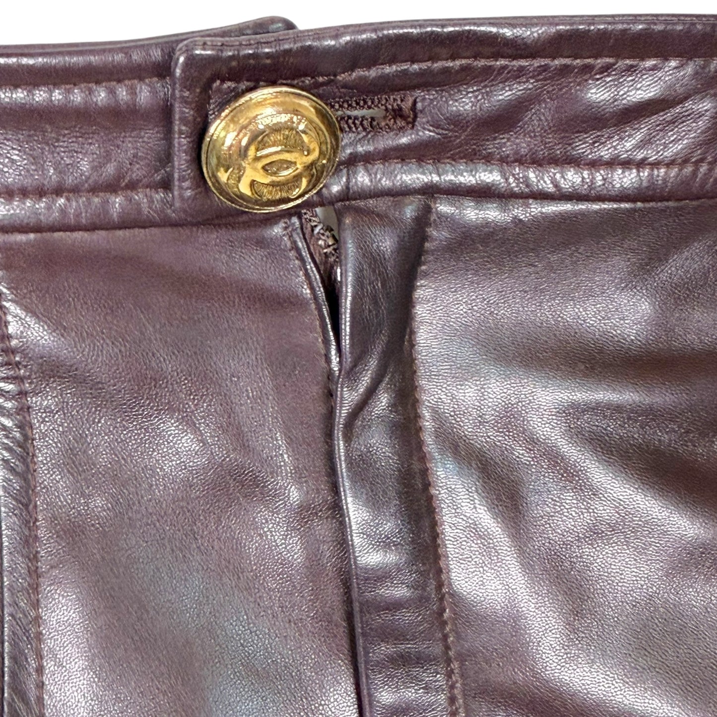 Vintage Chanel Late 1980s Brown Leather Jacket & Pencil Skirt Set with Gold CC Buttons – Jacket 38 / Skirt 40