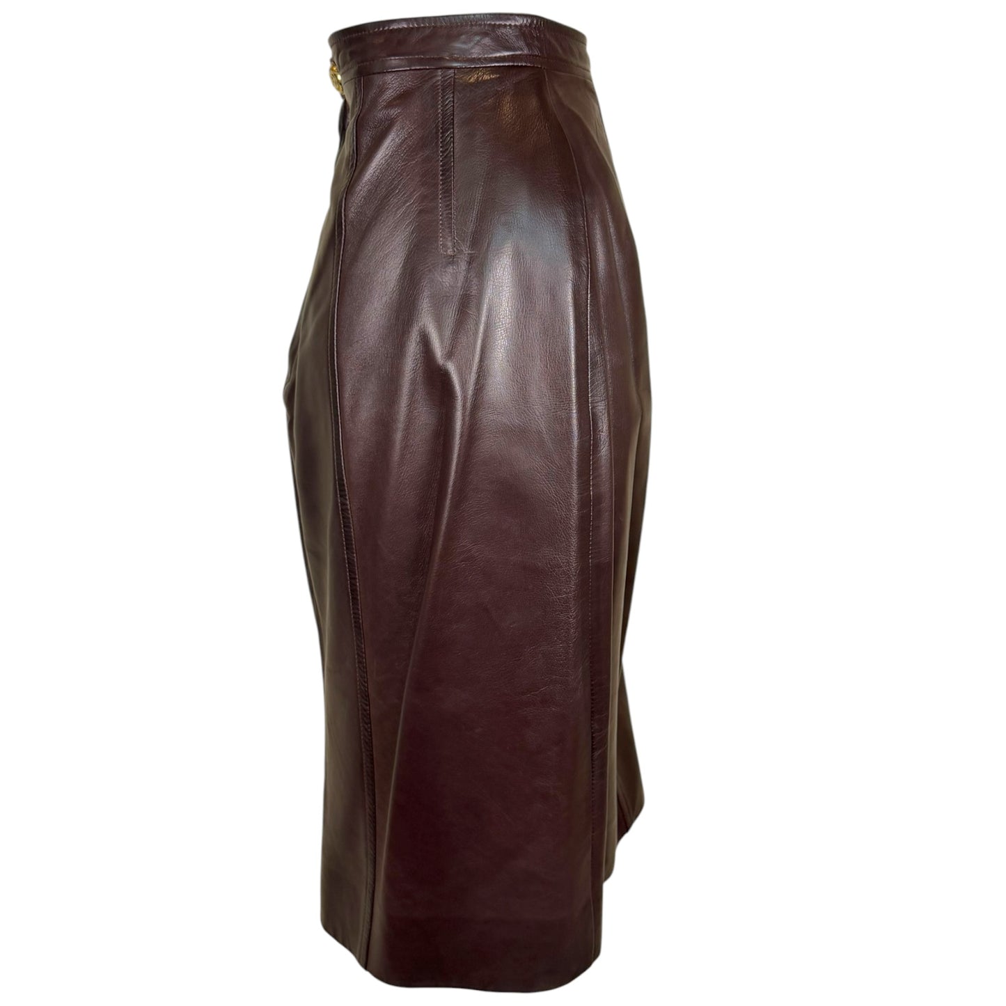 Vintage Chanel Late 1980s Brown Leather Jacket & Pencil Skirt Set with Gold CC Buttons – Jacket 38 / Skirt 40