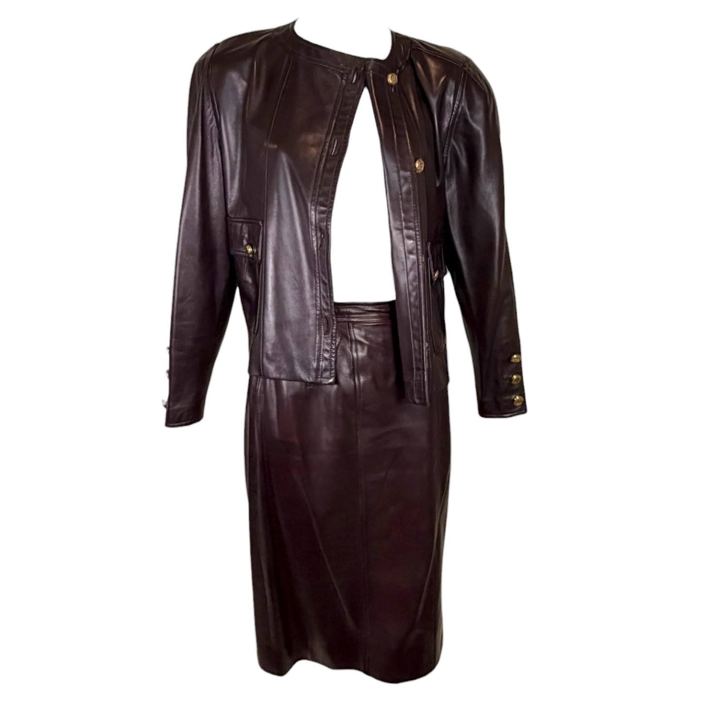 Vintage Chanel Late 1980s Brown Leather Jacket & Pencil Skirt Set with Gold CC Buttons – Jacket 38 / Skirt 40