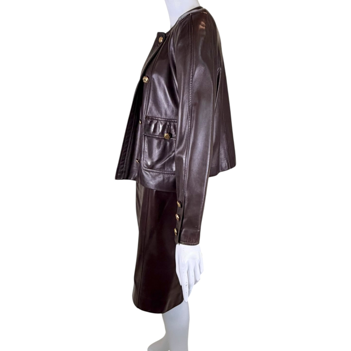 Vintage Chanel Late 1980s Brown Leather Jacket & Pencil Skirt Set with Gold CC Buttons – Jacket 38 / Skirt 40